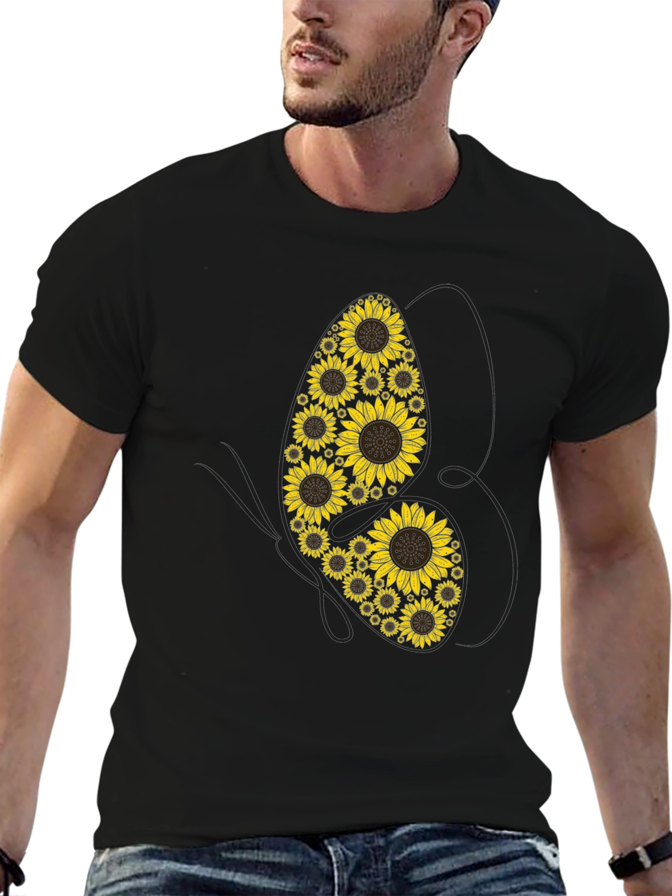 Black Sunflower Butterfly Graphic Tee - Unisex Cotton T-Shirt view 6