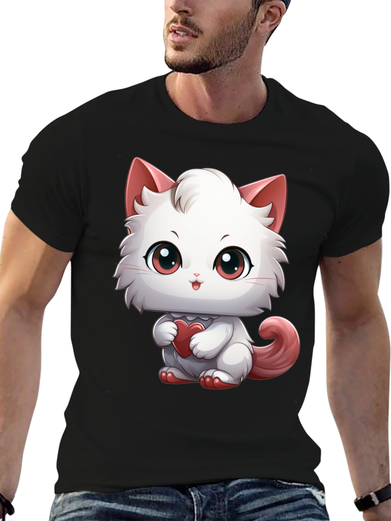 Black Cute Cartoon Cat Heart T-Shirt view 6