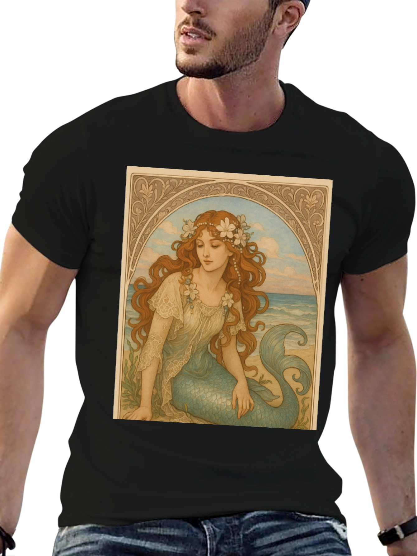 Black Mermaid Art Nouveau Graphic T-Shirt view 6