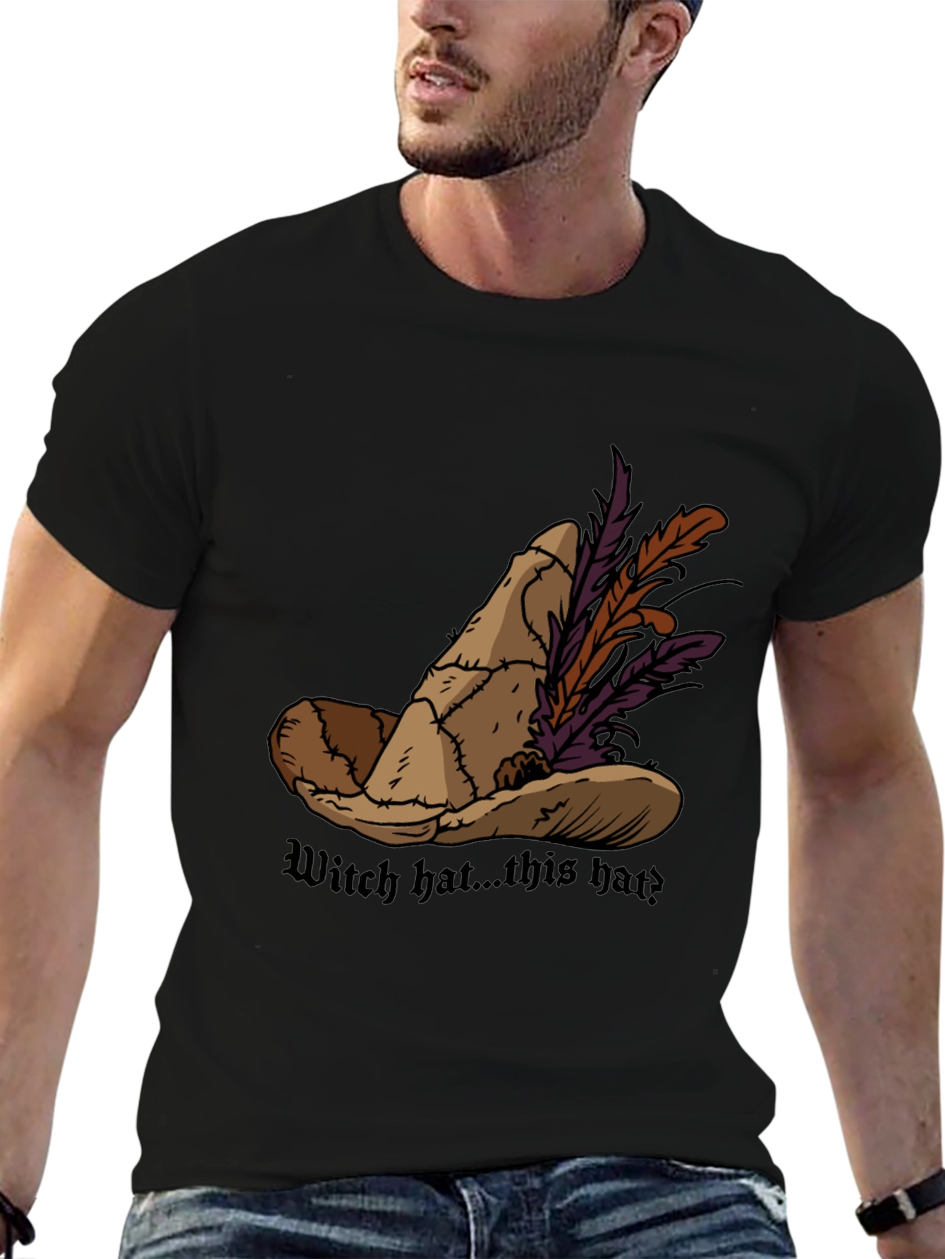 Black Whimsical Witch Hat Graphic Tee - Unique Design view 6