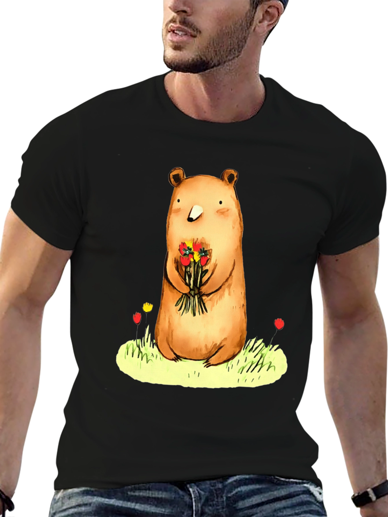 Black Bear with Flowers Graphic Tee - Soft Cotton Blend view 6