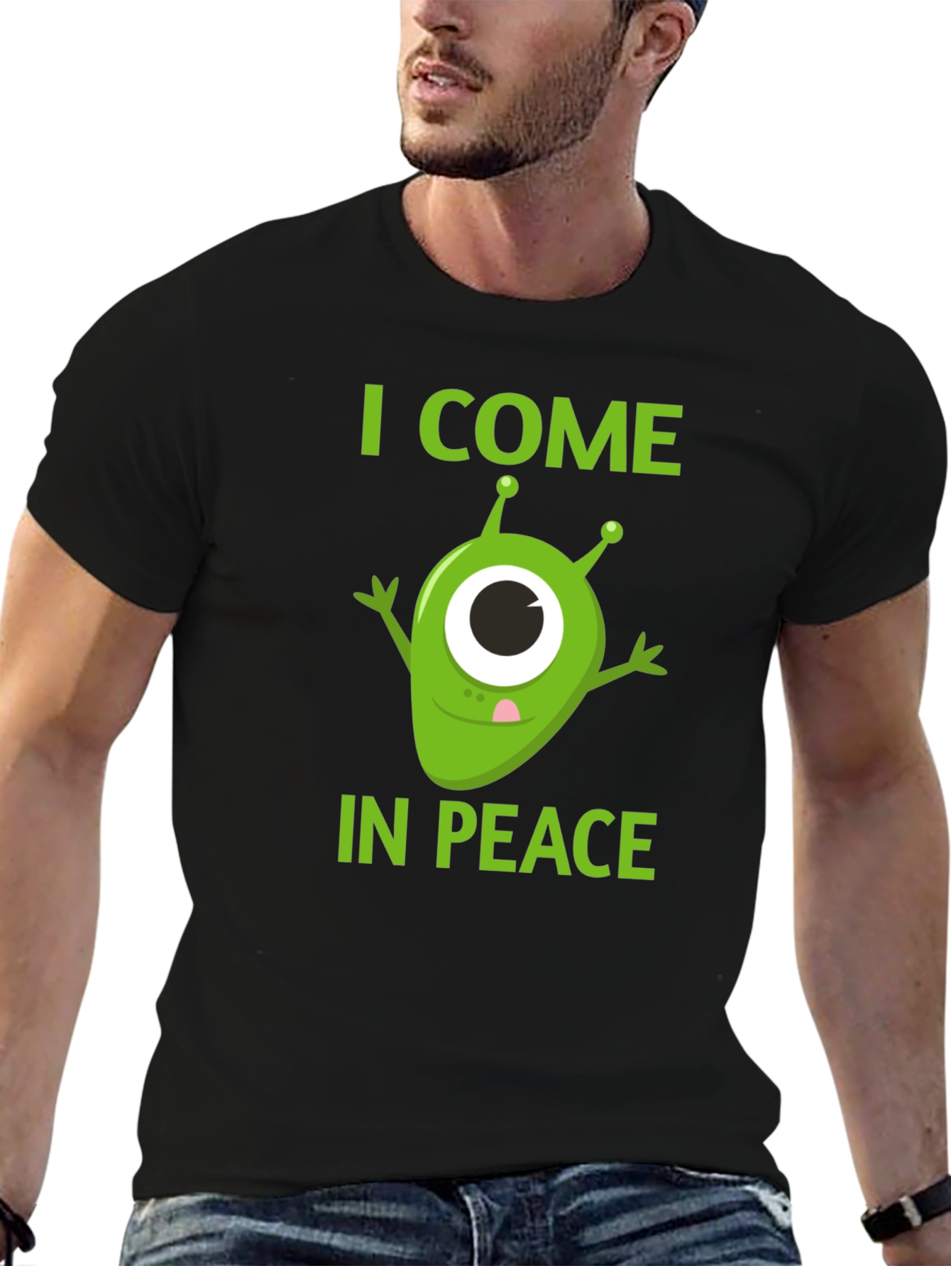 Black I Come In Peace Alien Graphic T-Shirt view 6