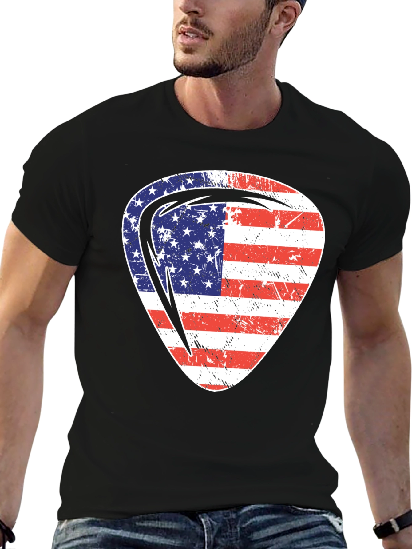 Black USA Flag Guitar Pick Patriotic T-Shirt view 6