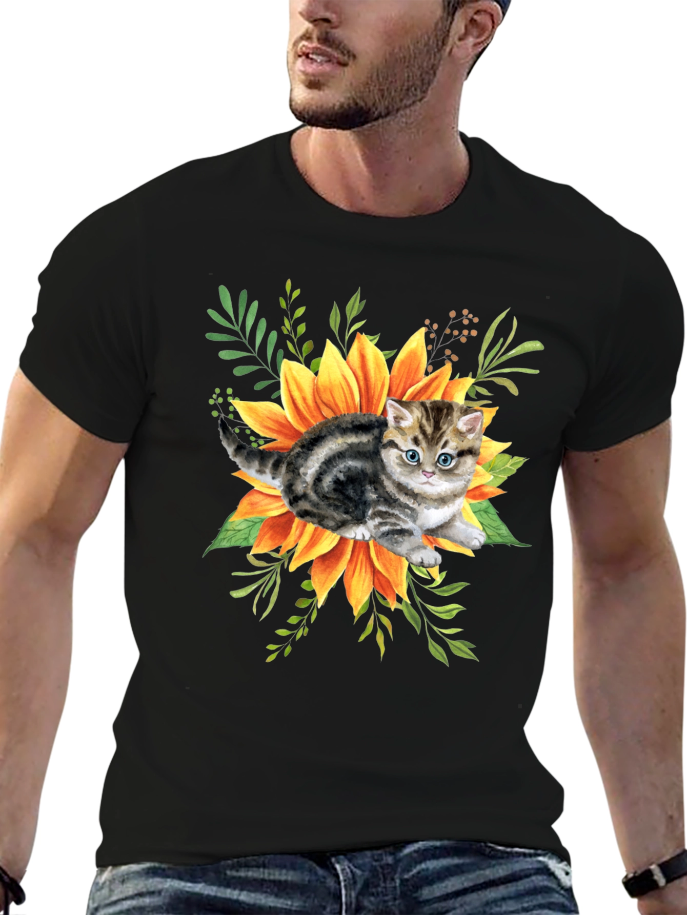 Black Kitten & Sunflower Graphic Tee - Black Cotton Blend view 6