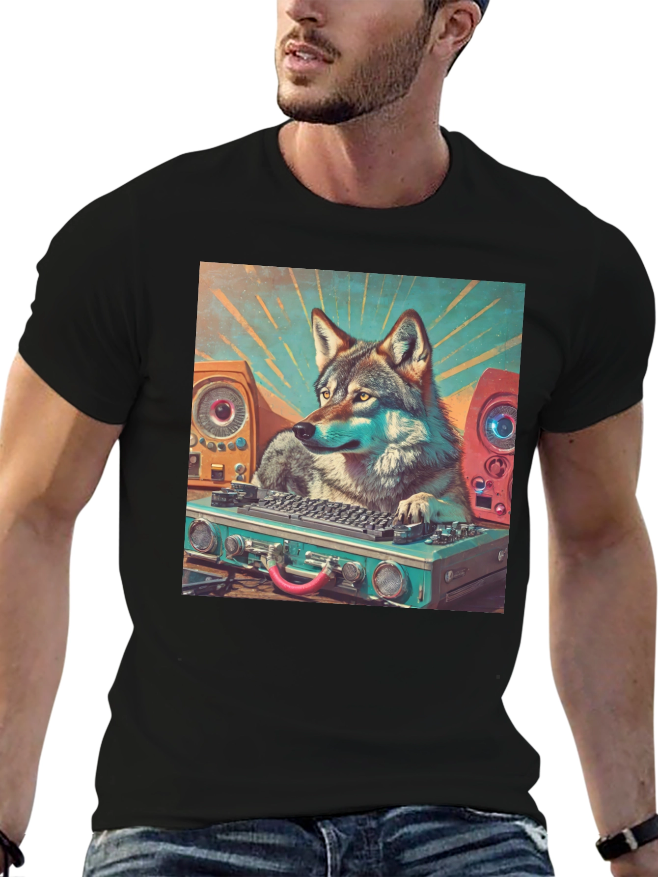 Black DJ Wolf Graphic Tee - Cool Animal Music Lover T-Shirt view 6