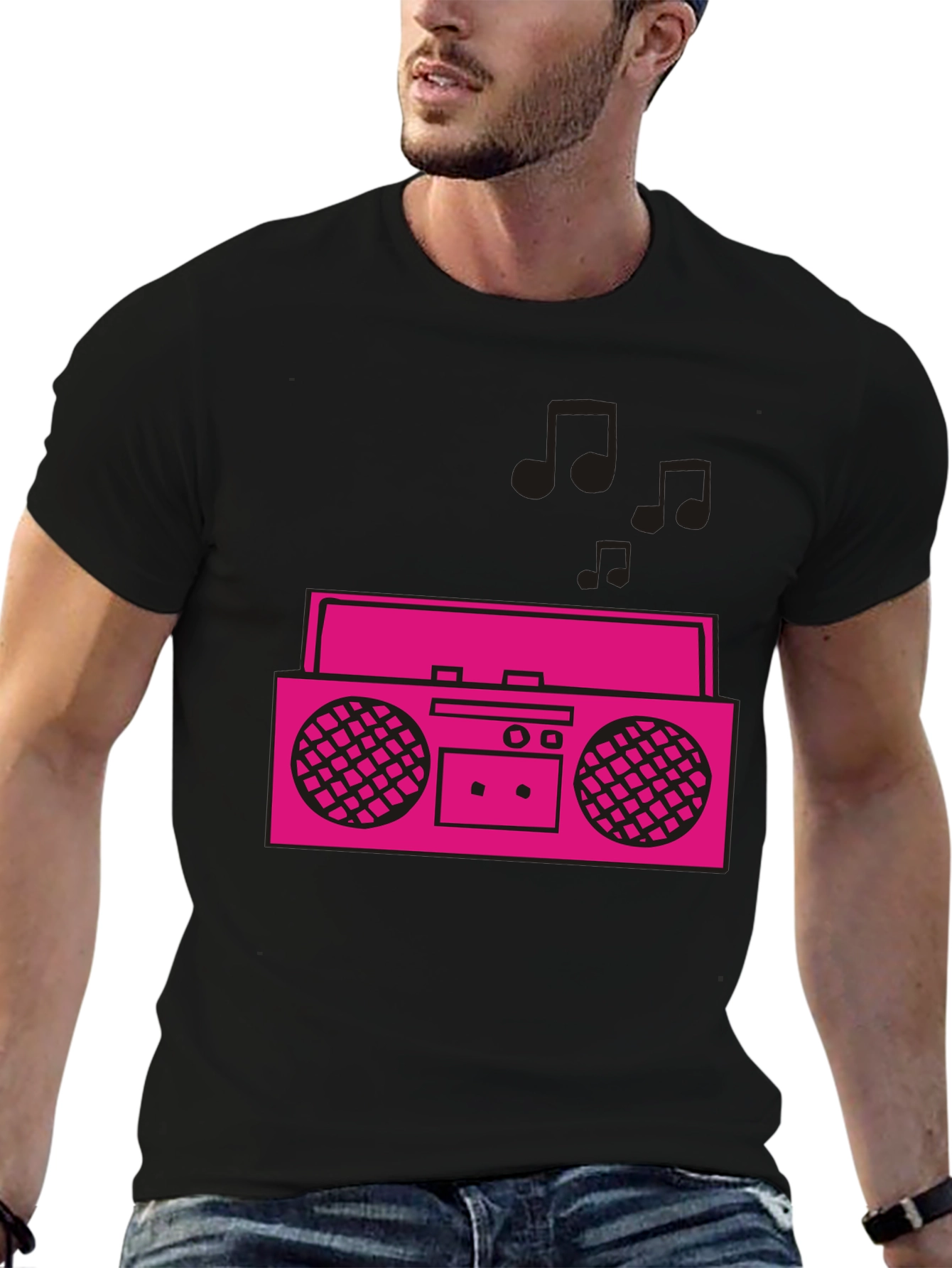 Black Retro Boombox Graphic Tee - Black Cotton T-Shirt view 6