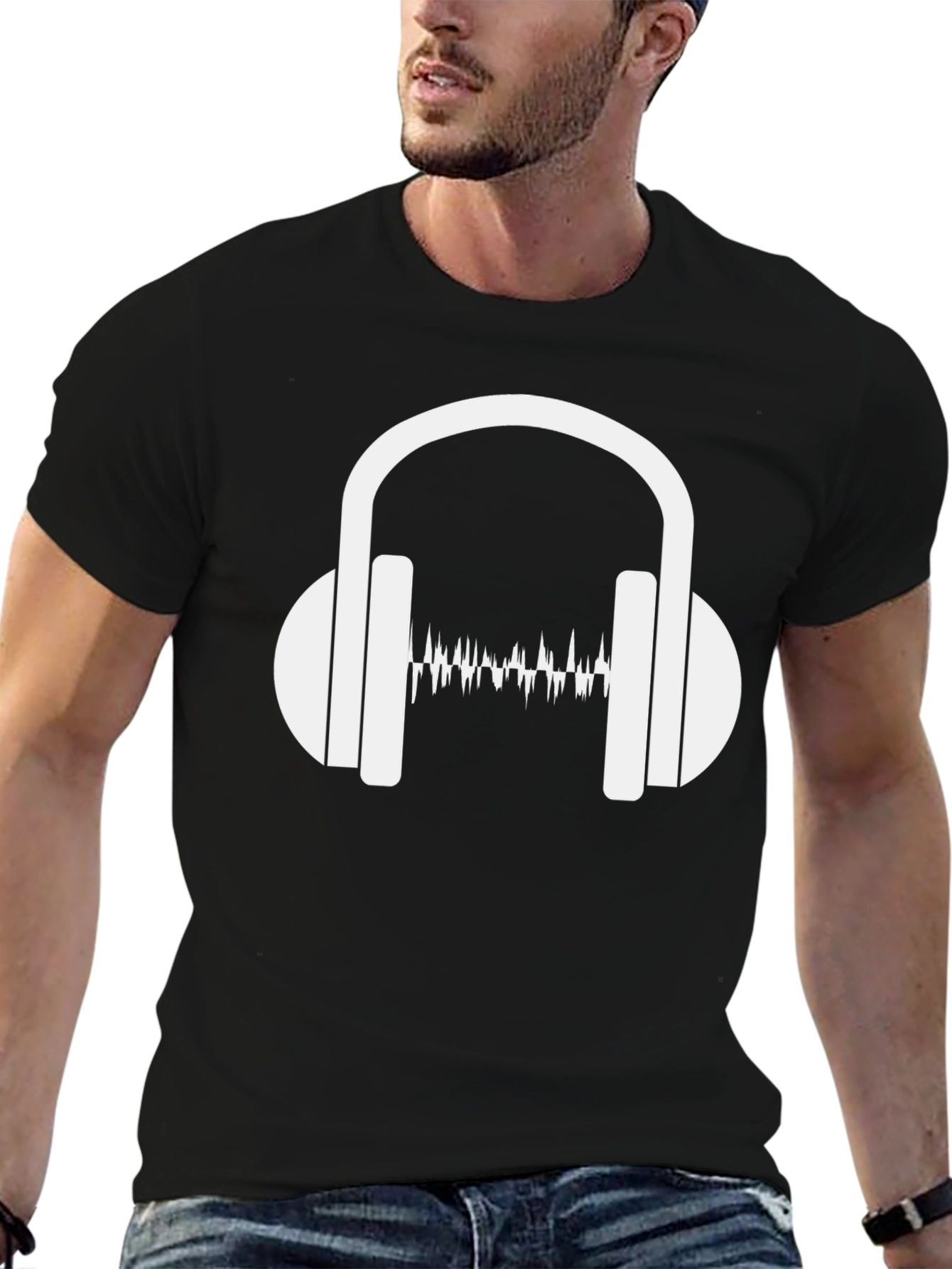 Black Sound Wave Headphones Graphic Tee view 6