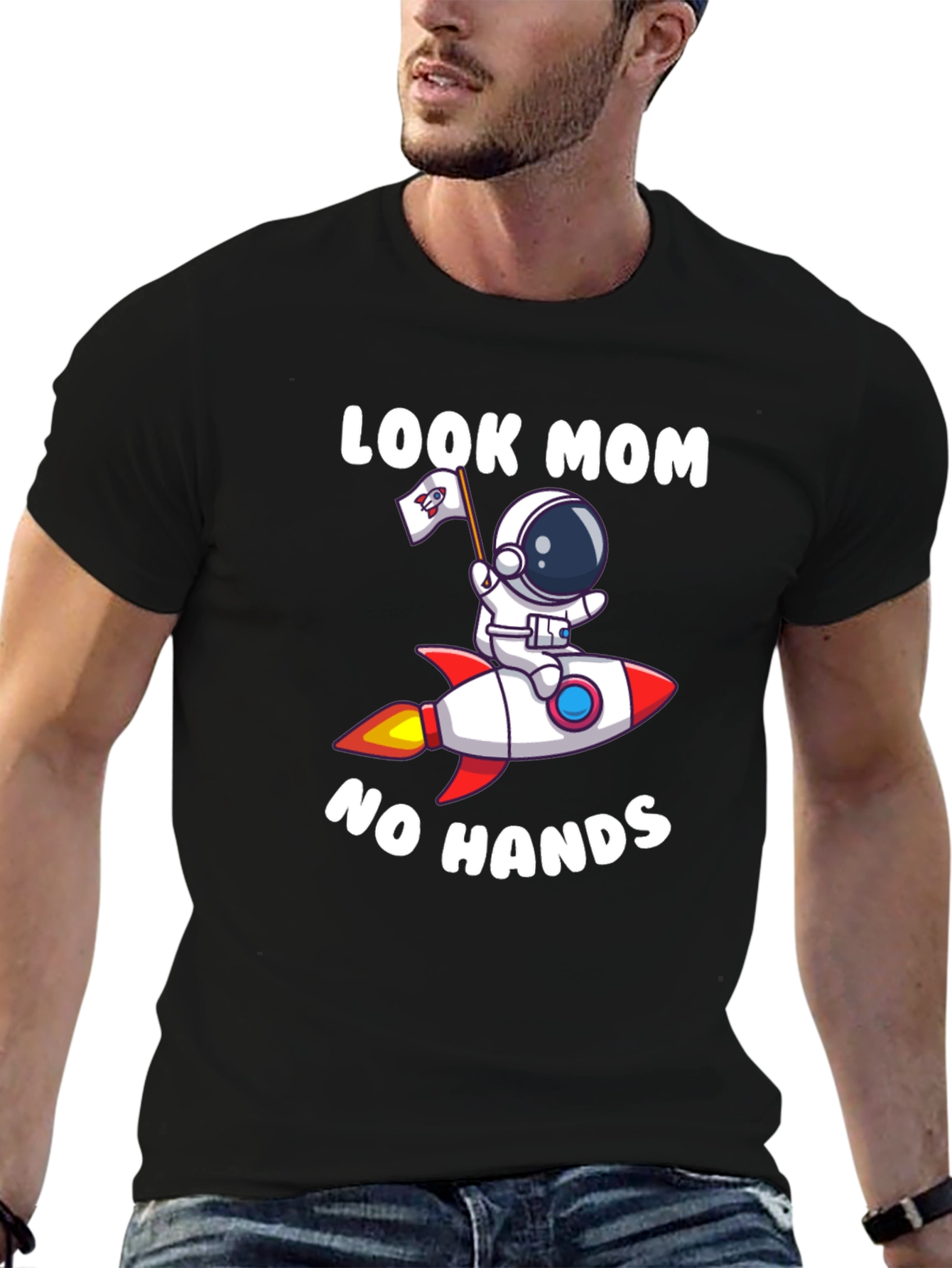 Black Look Mom No Hands Astronaut Rocket T-Shirt view 6