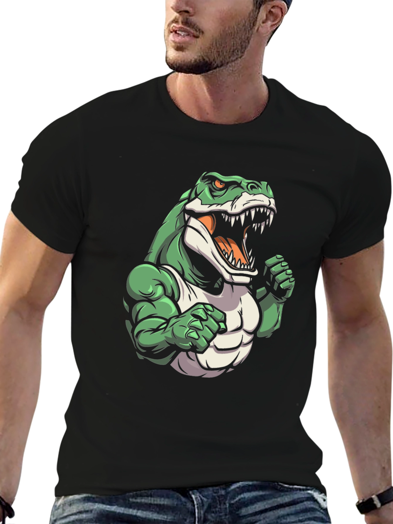 Black Dinosaur Gym T-Shirt - Cartoon Style view 6