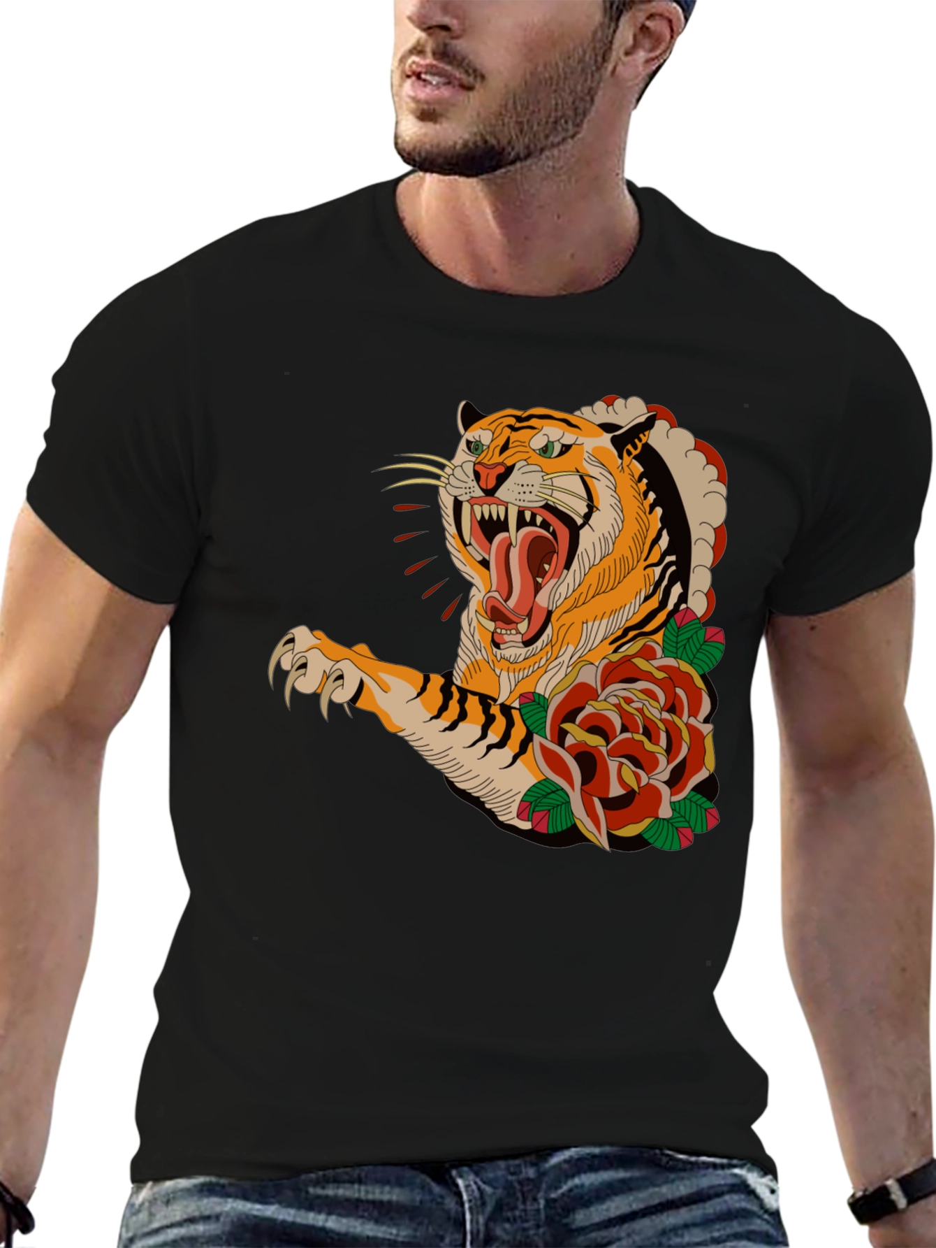Tiger & Roses Graphic T-Shirt - Bold Black Tee - 6
