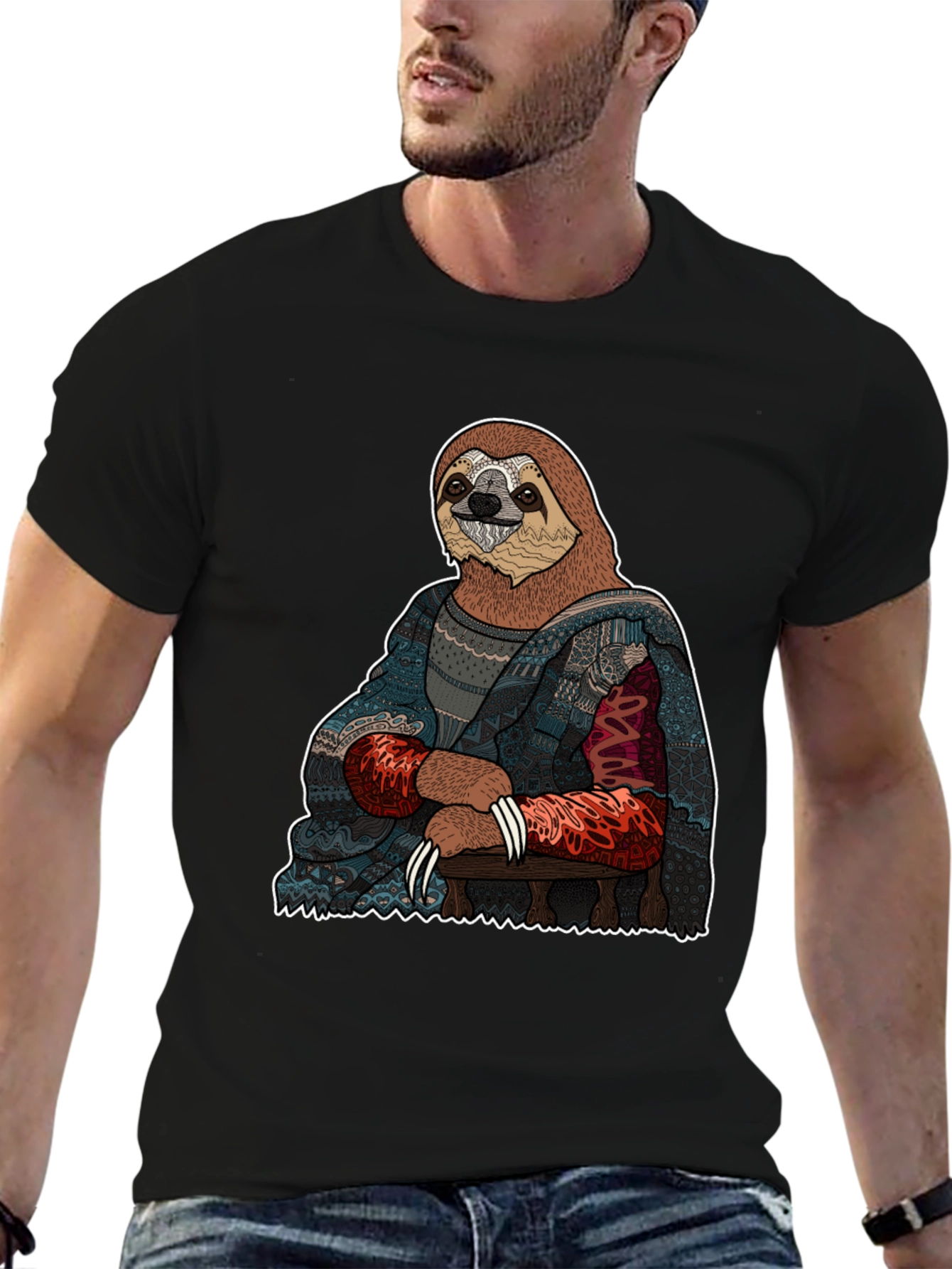 Black Sloth Mona Lisa T-Shirt - Artistic Funny Tee view 6