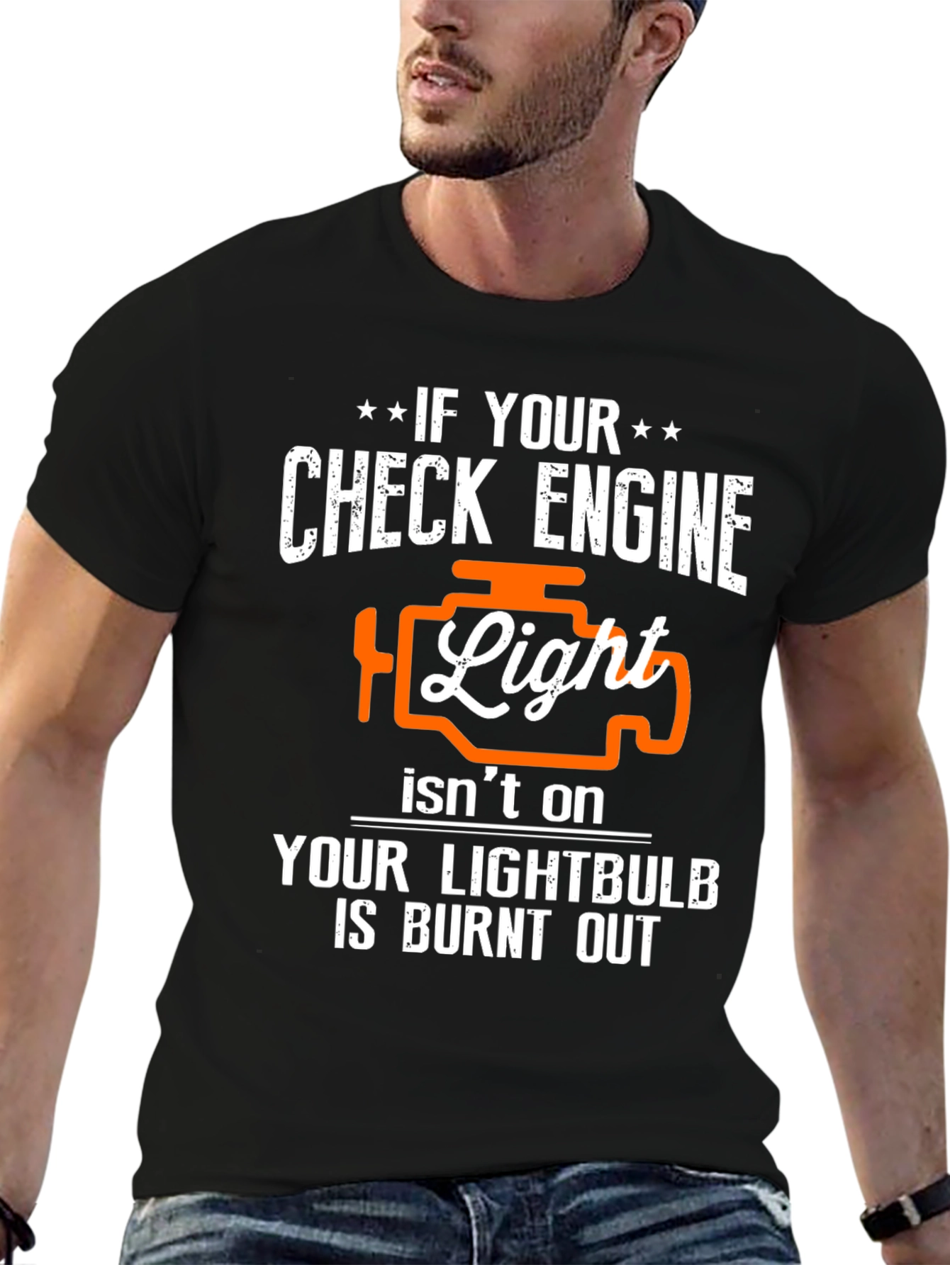 Black Check Engine Light Funny Car T-Shirt view 6