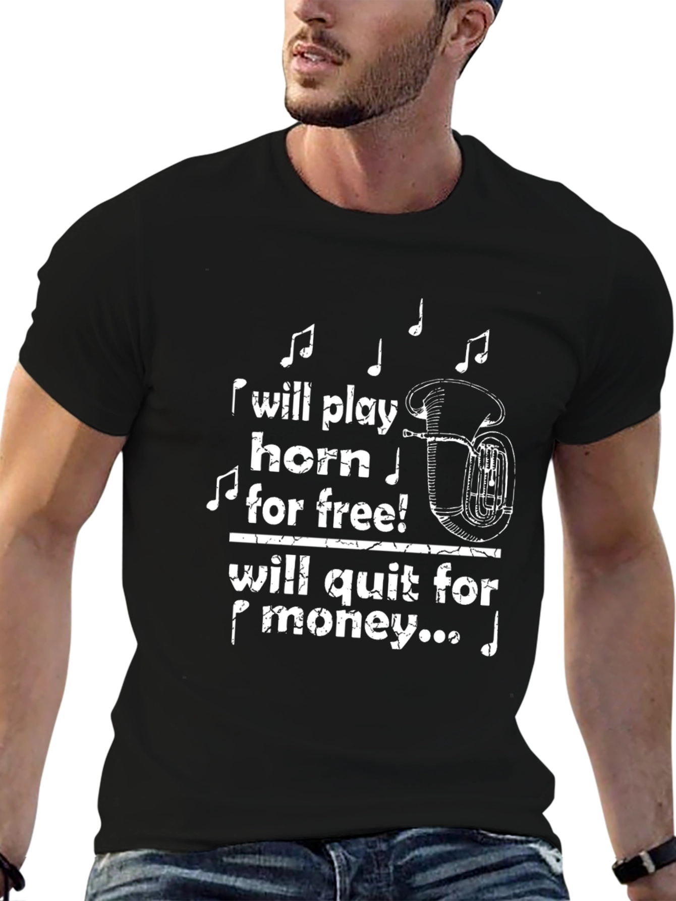 Black Play Horn For Free T-Shirt Funny Musician Tee view 6