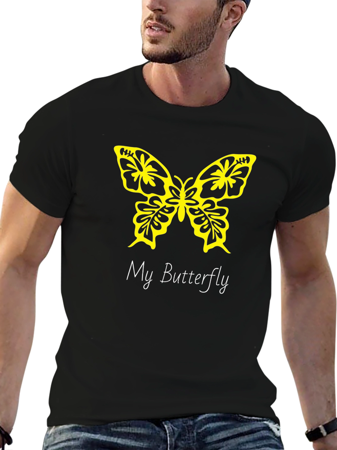 Black Butterfly Graphic Tee - Black Cotton Casual T-Shirt view 6