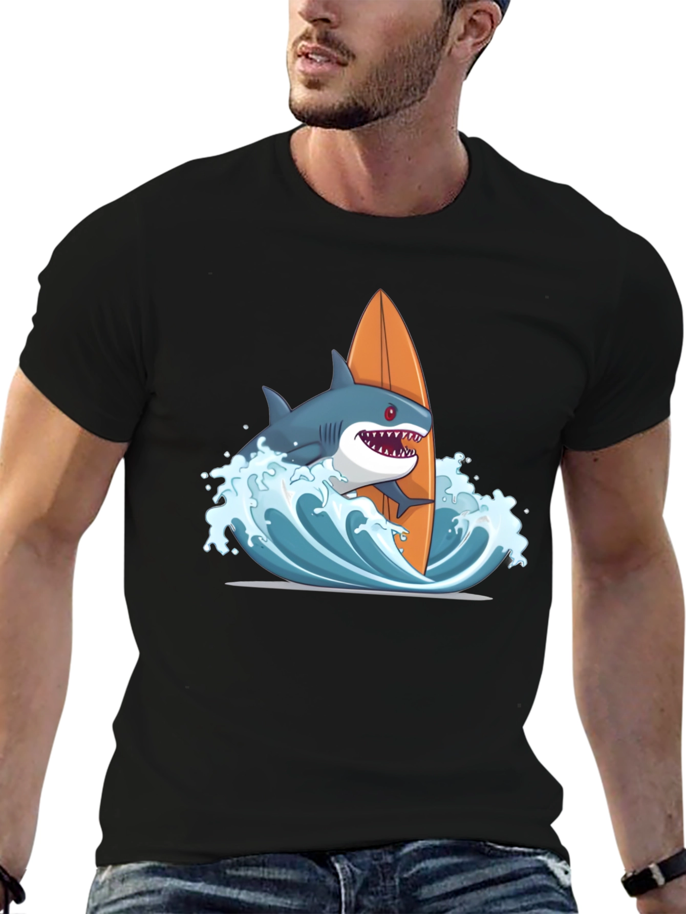 Black Shark Surfing Graphic T-Shirt - Black Cotton Tee view 6