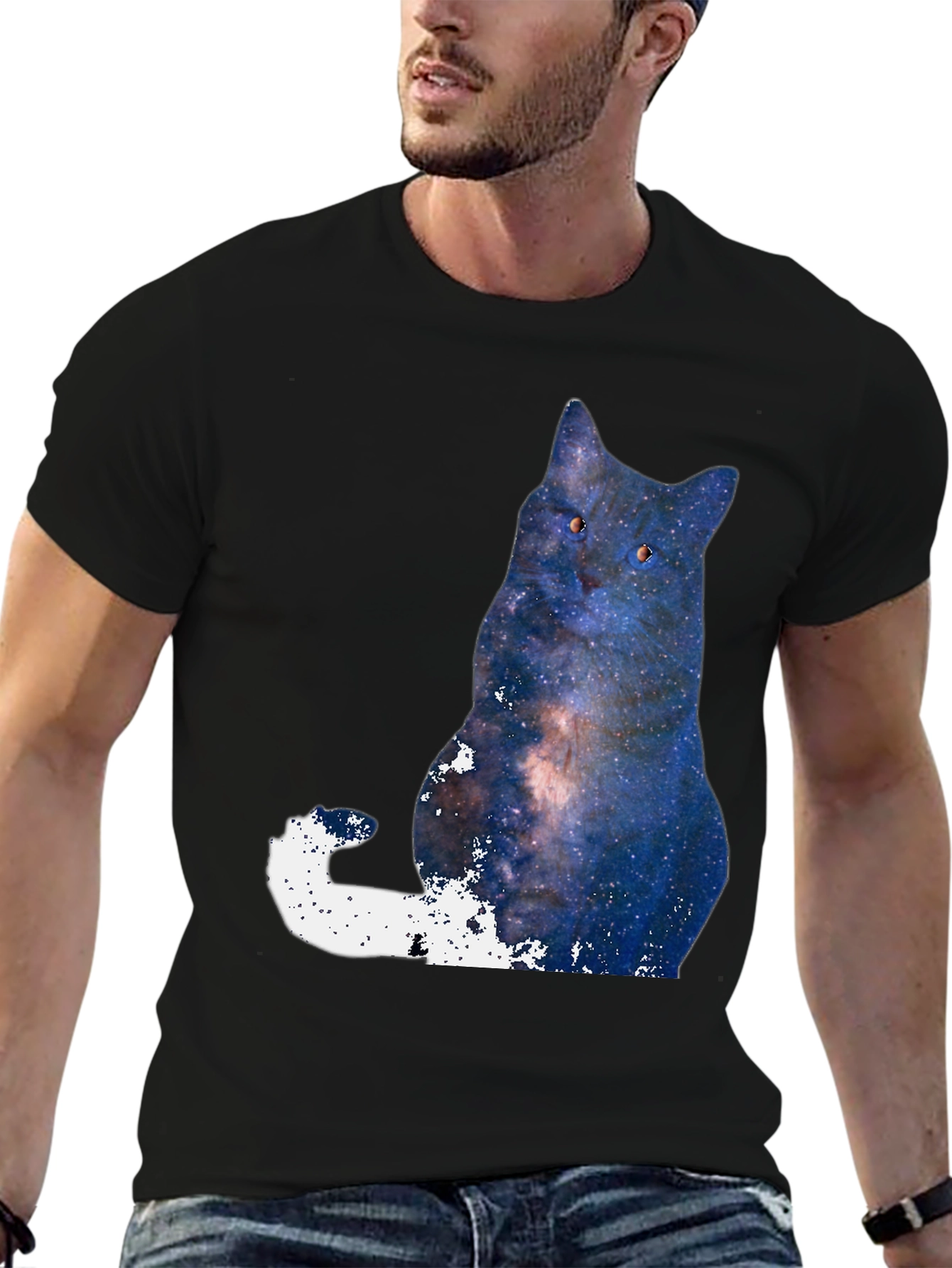 Black Galaxy Cat Graphic T-Shirt - Men's Black Tee view 6