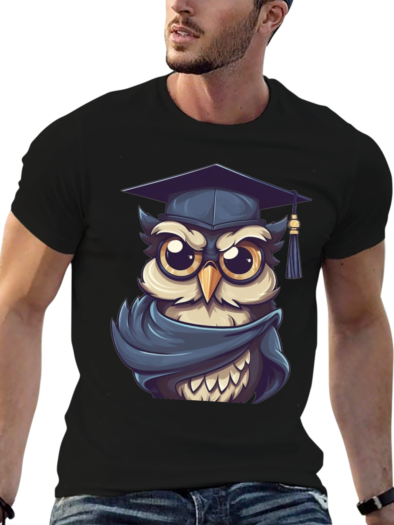 Black Graduation Owl Graphic Tee - Black Cotton Blend view 6