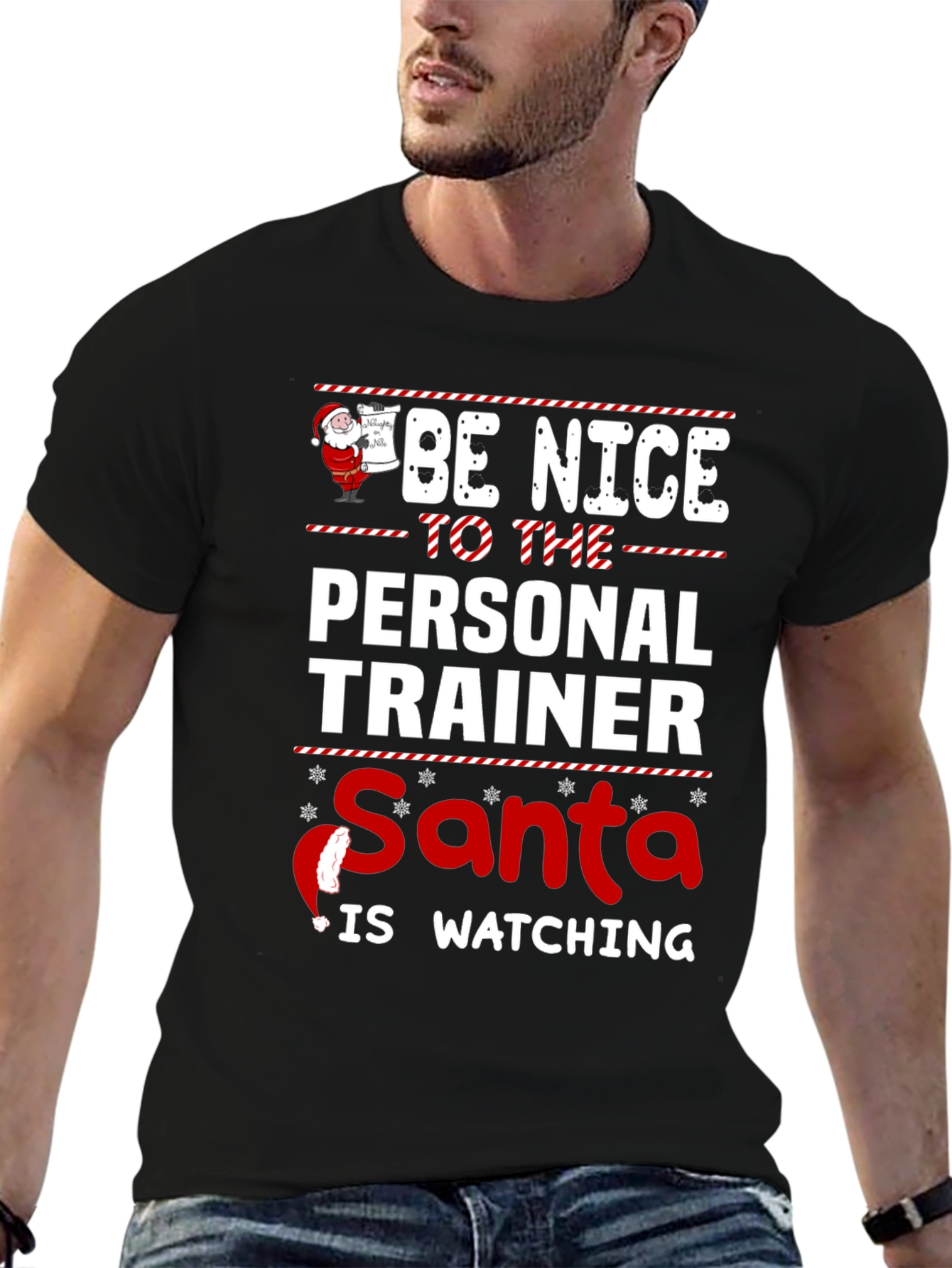 Black Funny Personal Trainer Santa Watching Christmas T-Shirt view 6