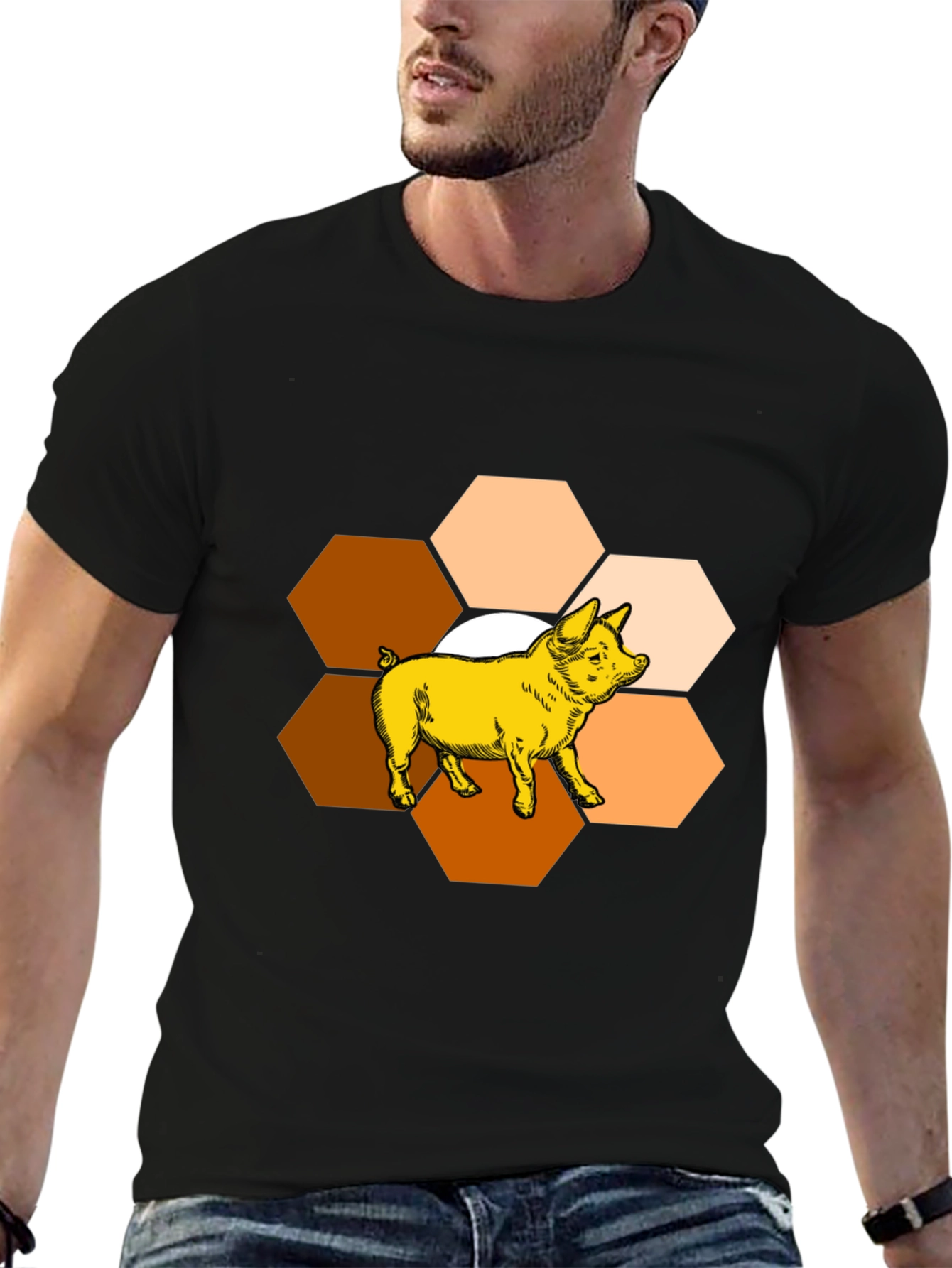 Black Honeycomb Pig Graphic Tee - Unique Design view 6