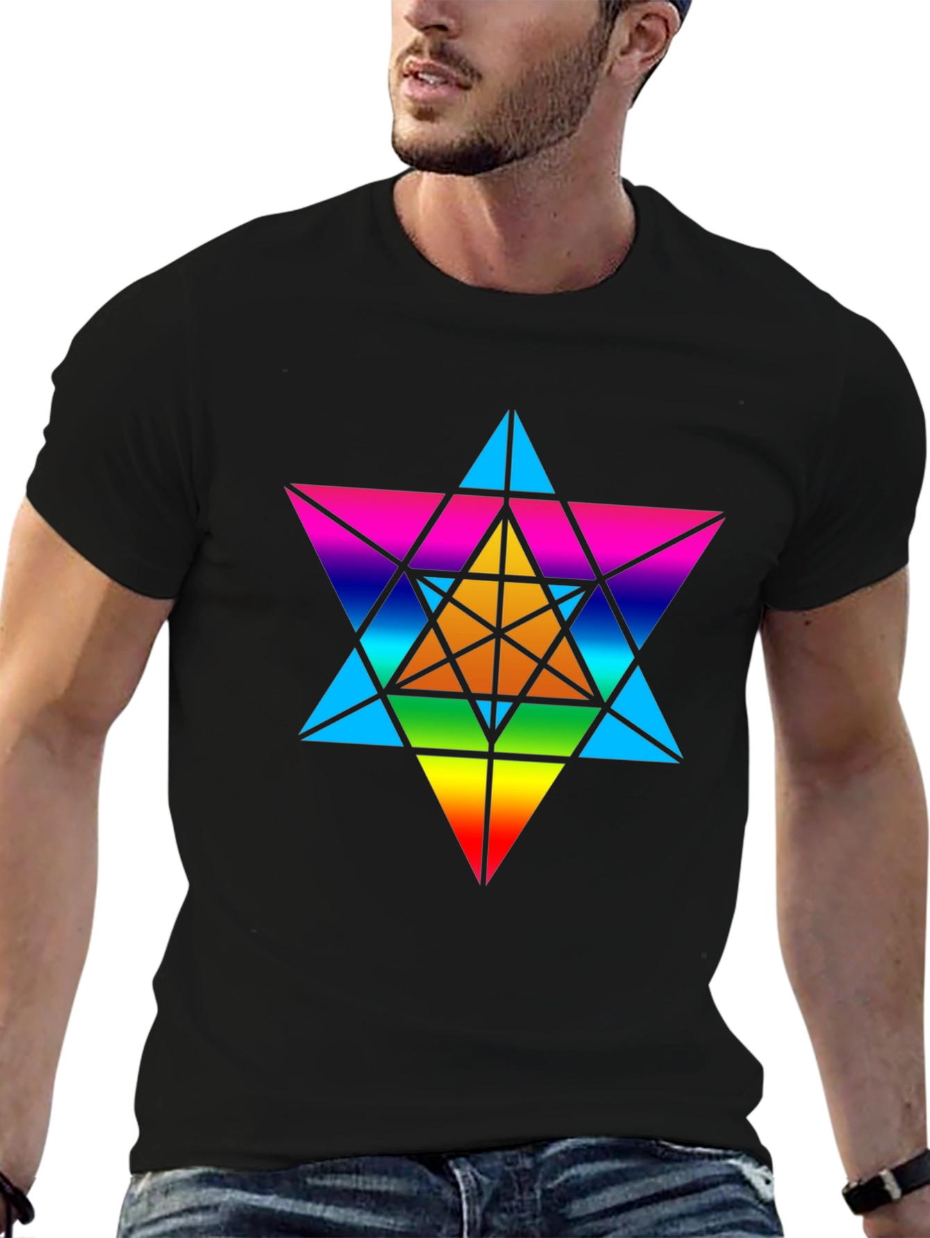 Black Rainbow Geometric Star T-Shirt - Unisex Black Tee view 6