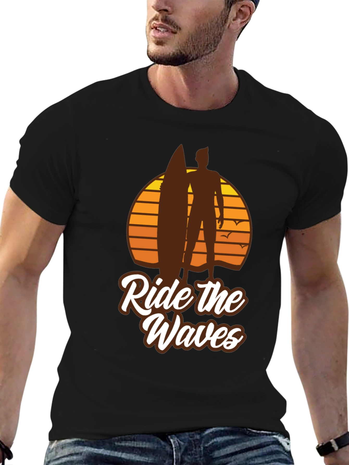 Black Ride the Waves Graphic T-Shirt - Surfer Style view 6