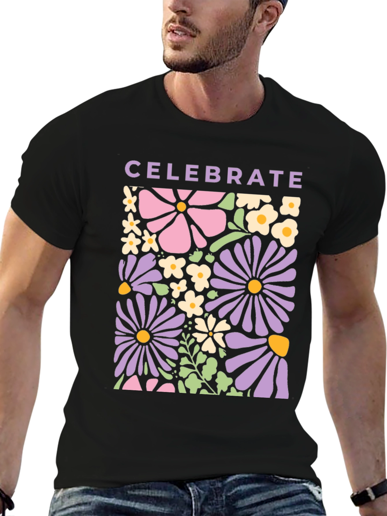 Black Celebrate Floral Graphic Tee - Retro Flower Power Shirt view 6