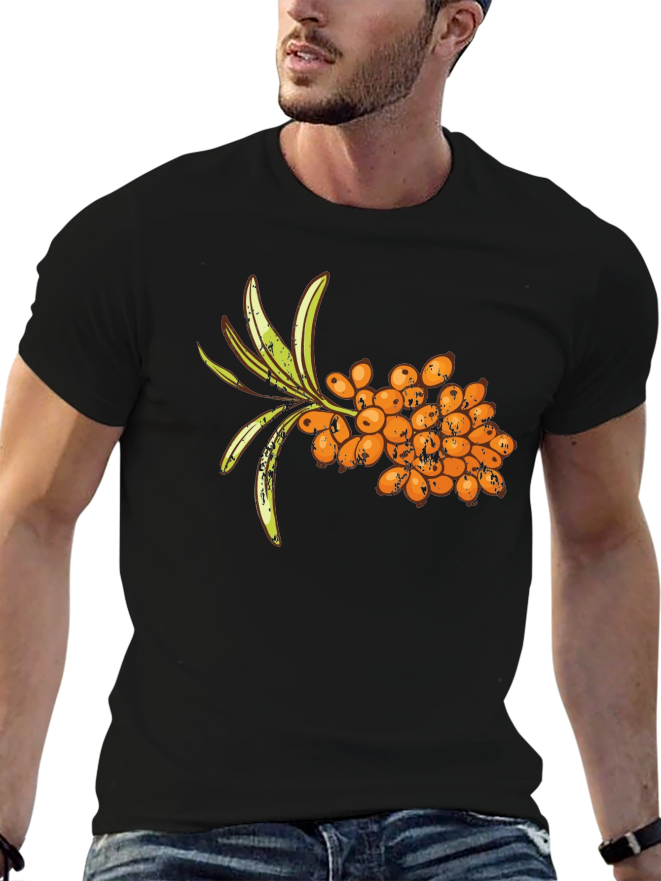 Black Sea Buckthorn Berry T-Shirt - Unique Fruit Design view 6