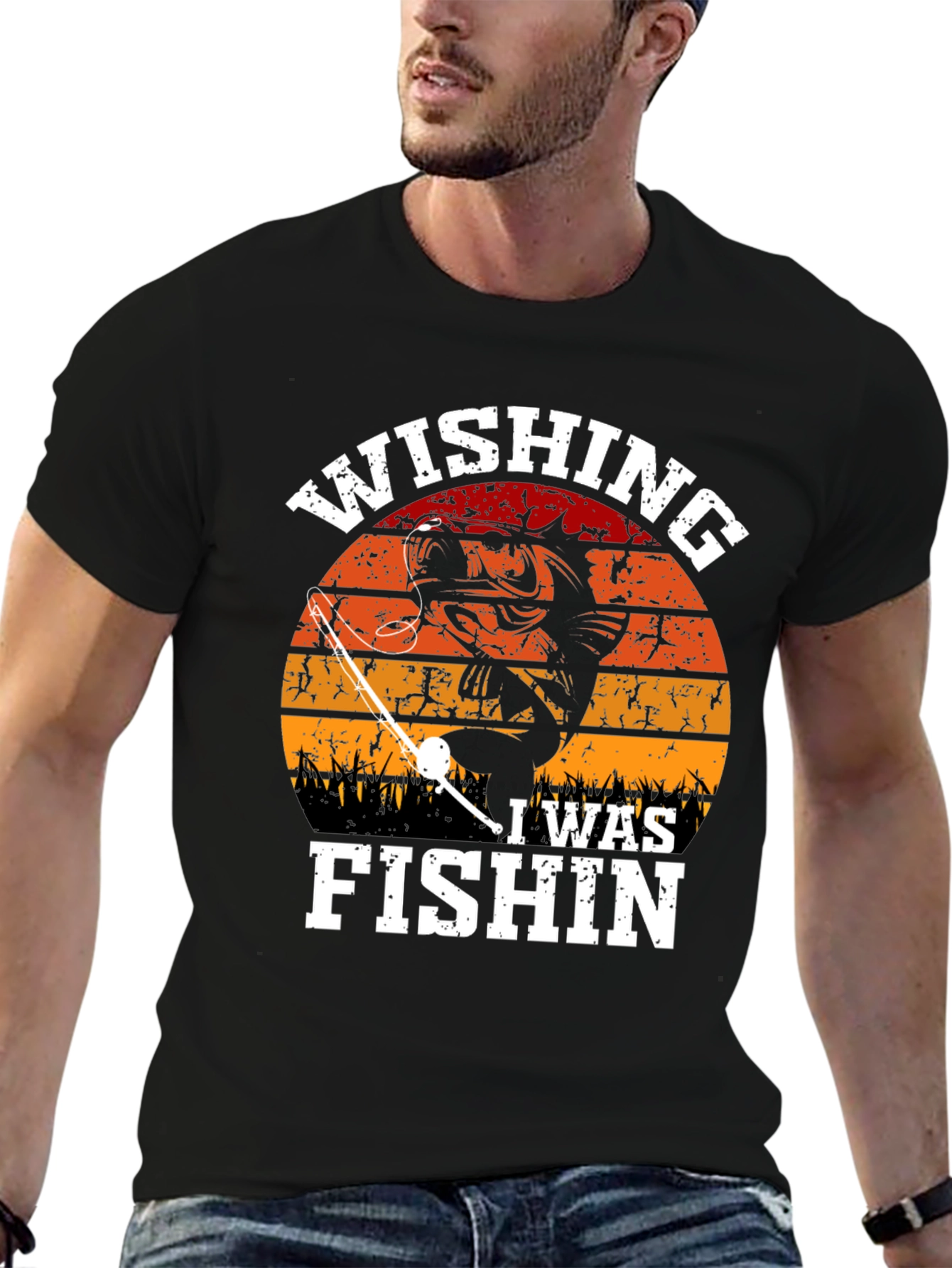 Black Wishing I Was Fishin' Graphic T-Shirt view 6