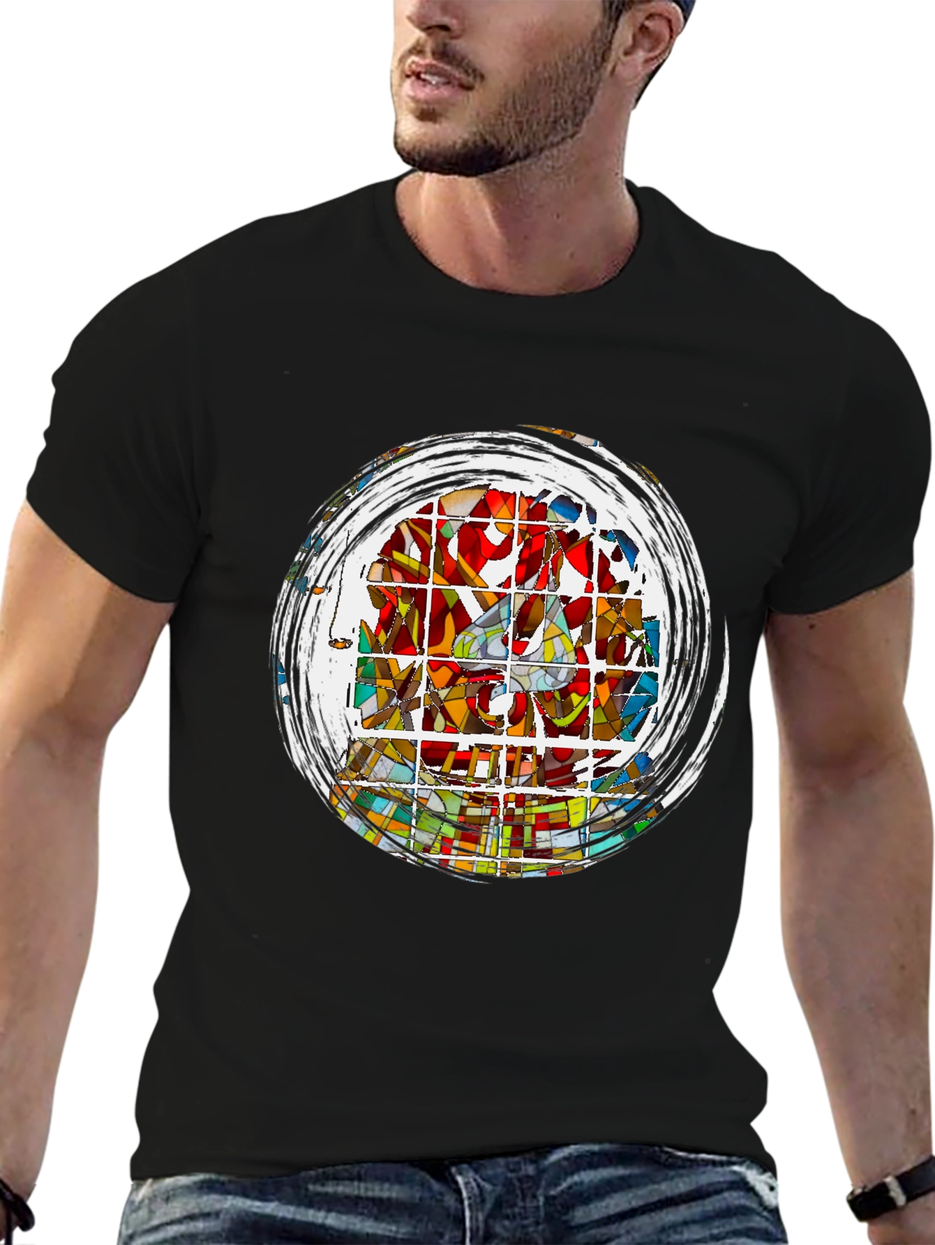 Black Abstract Stained Glass Art Graphic Tee - Black view 6