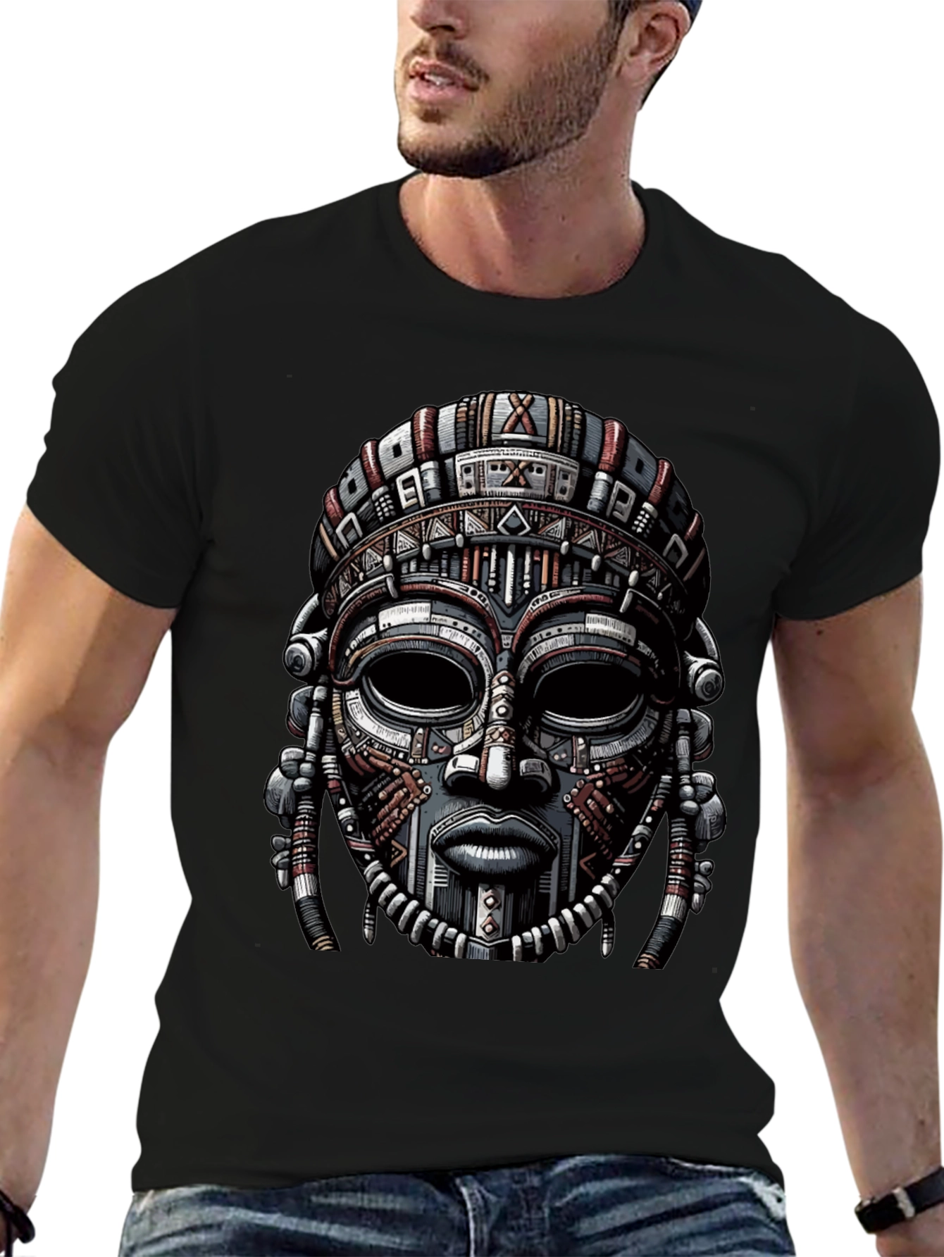 Black Tribal Mask Graphic Print T-Shirt view 6
