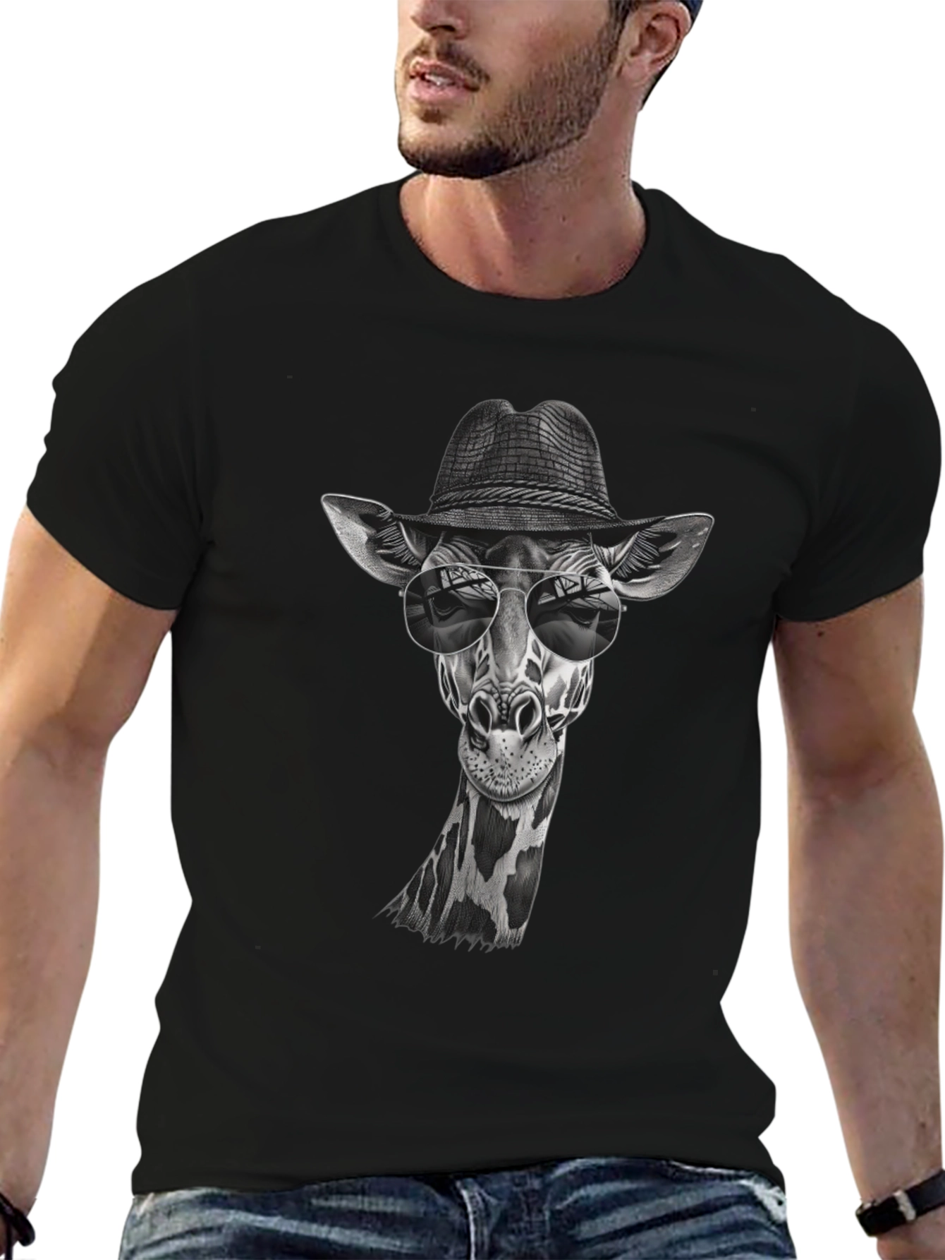 Black Cool Giraffe in Hat Graphic T-Shirt view 6