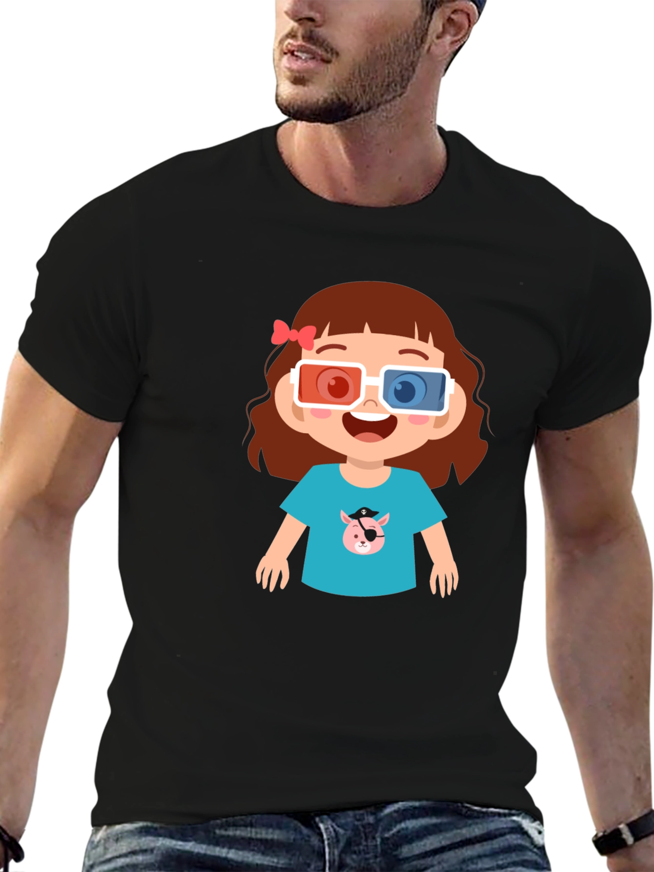 Black Cute Cartoon Girl 3D Glasses Black T-Shirt view 6