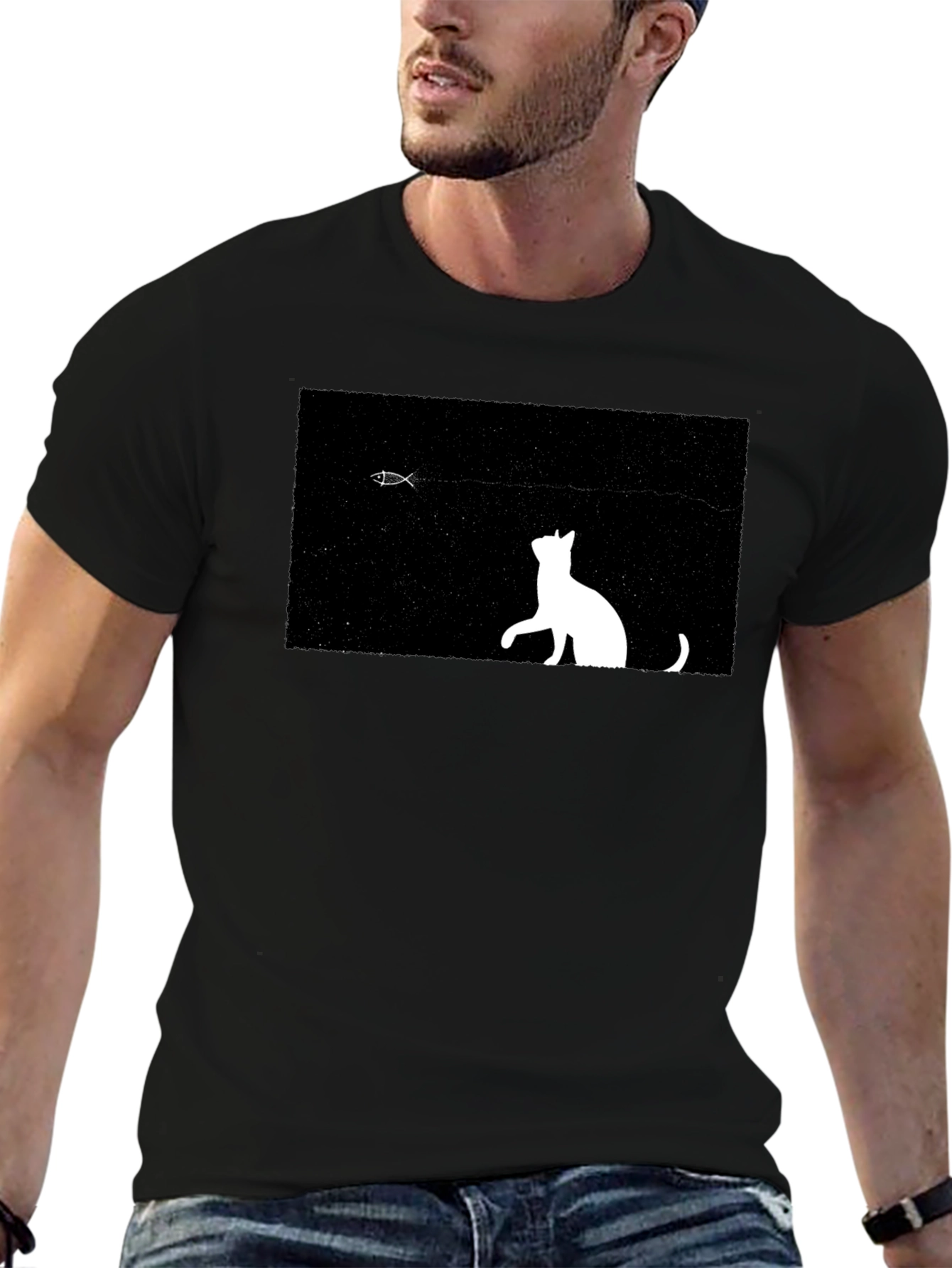 Black Cat & Fish Graphic Black Tee view 6