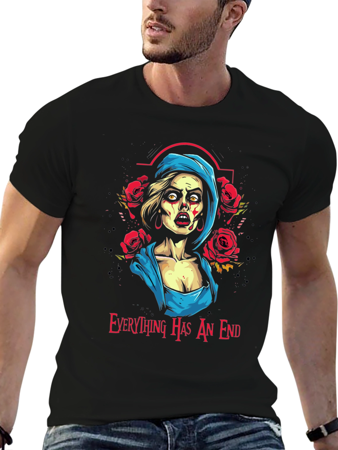 Black Zombie Woman Graphic T-Shirt: "Everything Has An End" view 6