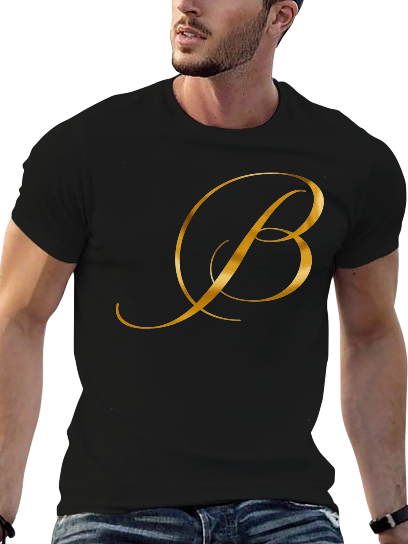 Black Elegant Gold Letter B Black T-Shirt view 6