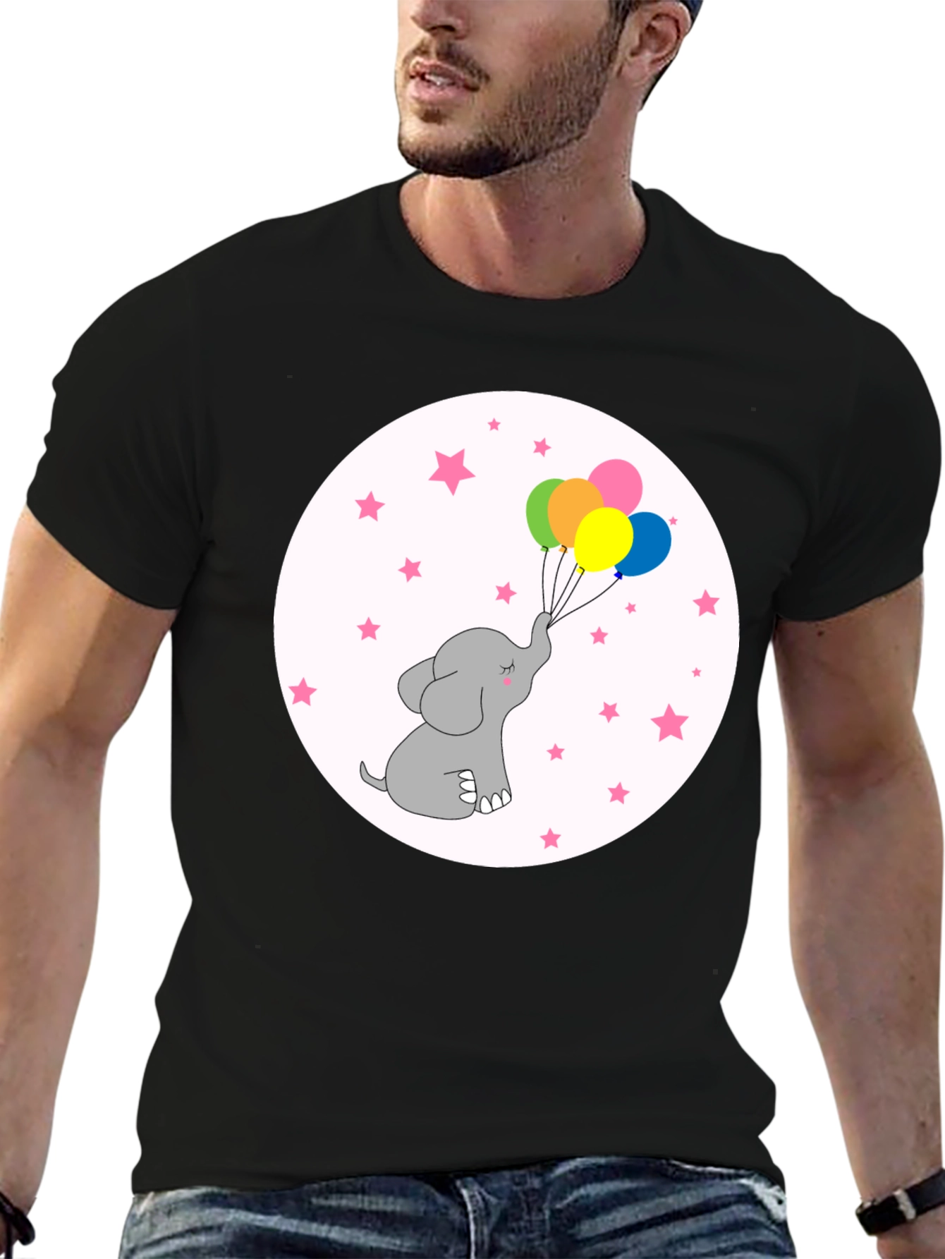Black Elephant Balloons Black T-Shirt Cute Cartoon Style view 6