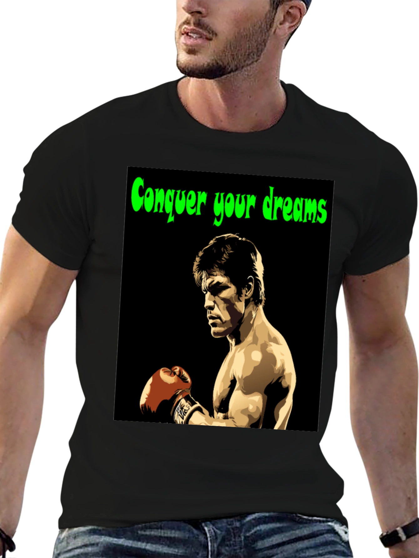 Black Conquer Your Dreams T-Shirt Boxing Legend Graphic Tee view 6