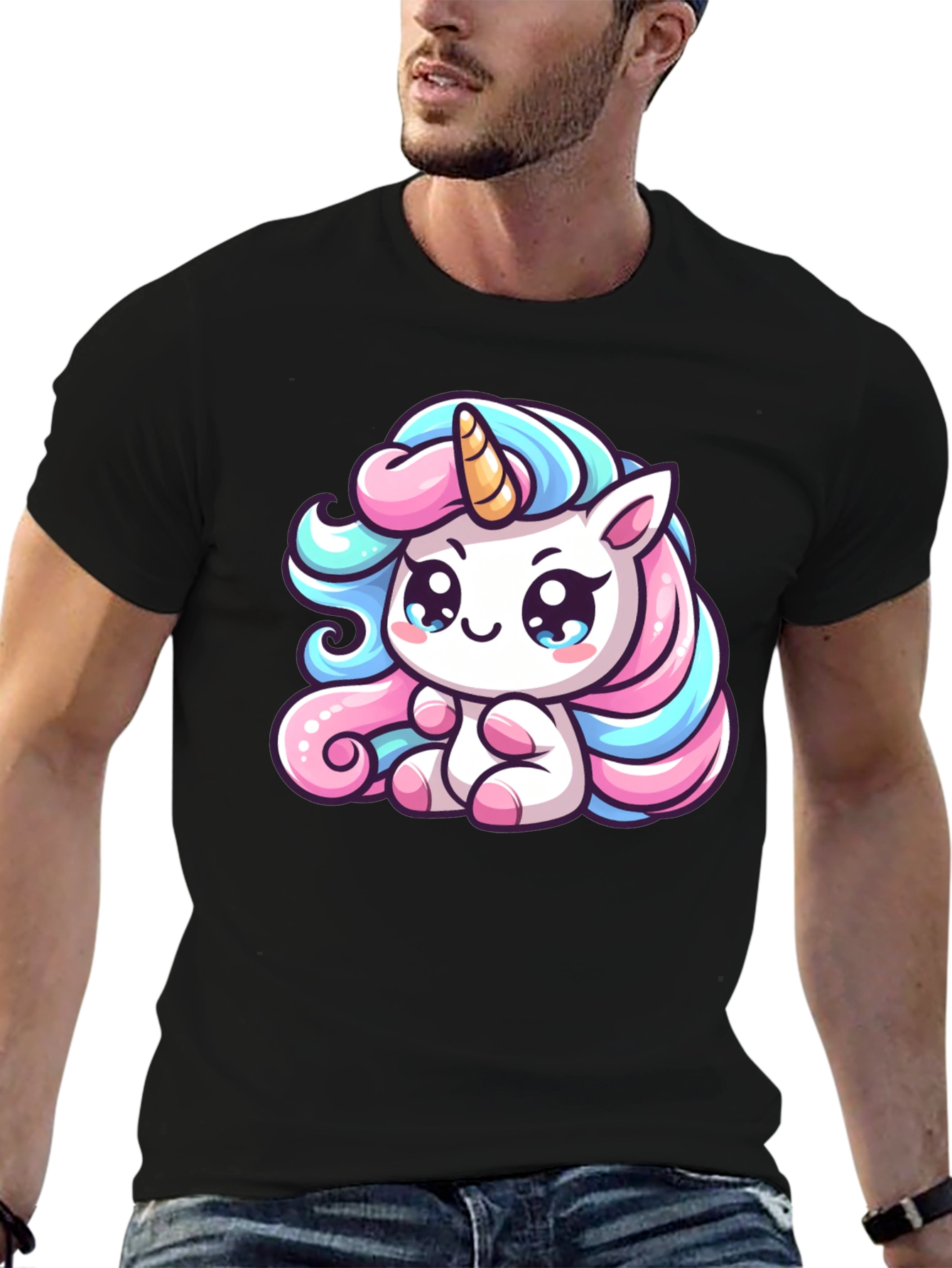 Black Cute Unicorn Graphic Black Tee Shirt view 6