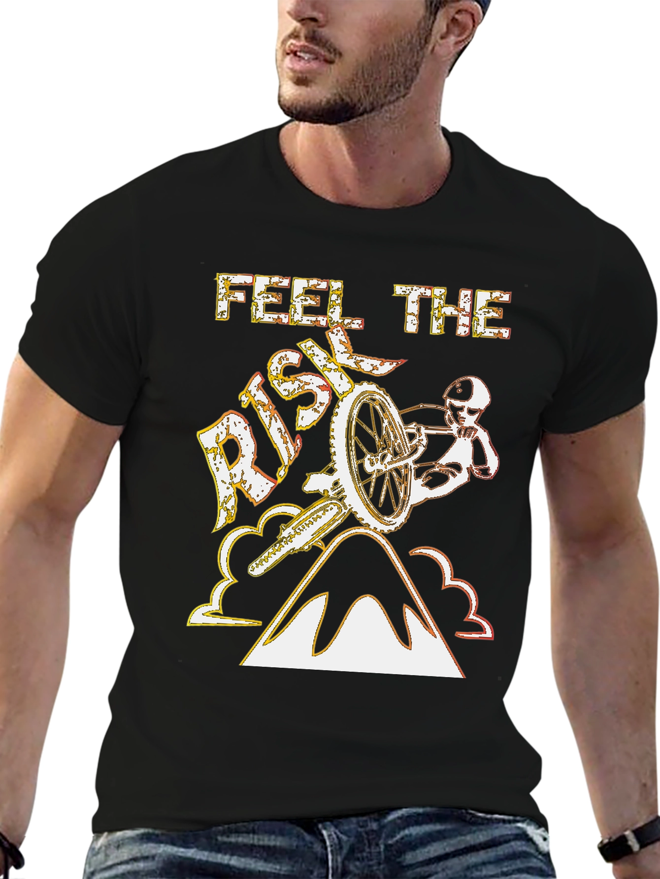 Black Feel The Risk T-Shirt - Mountain Biking Design view 6