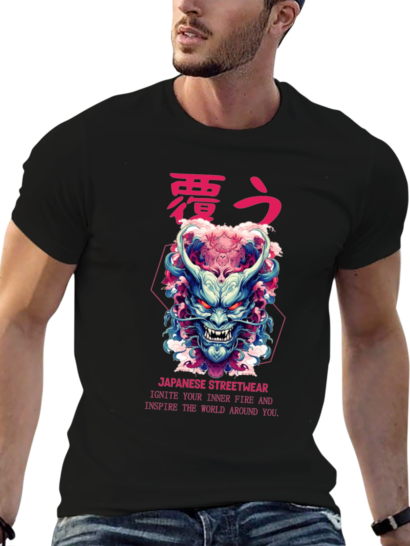 Black Japanese Oni Mask Graphic T-Shirt view 6