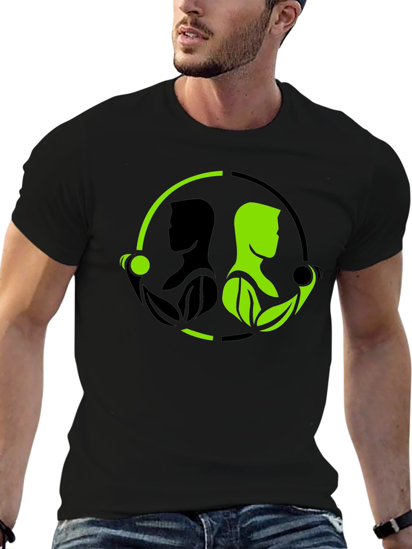Black Nature Gym T-Shirt - Black Green Yin Yang Fitness view 6