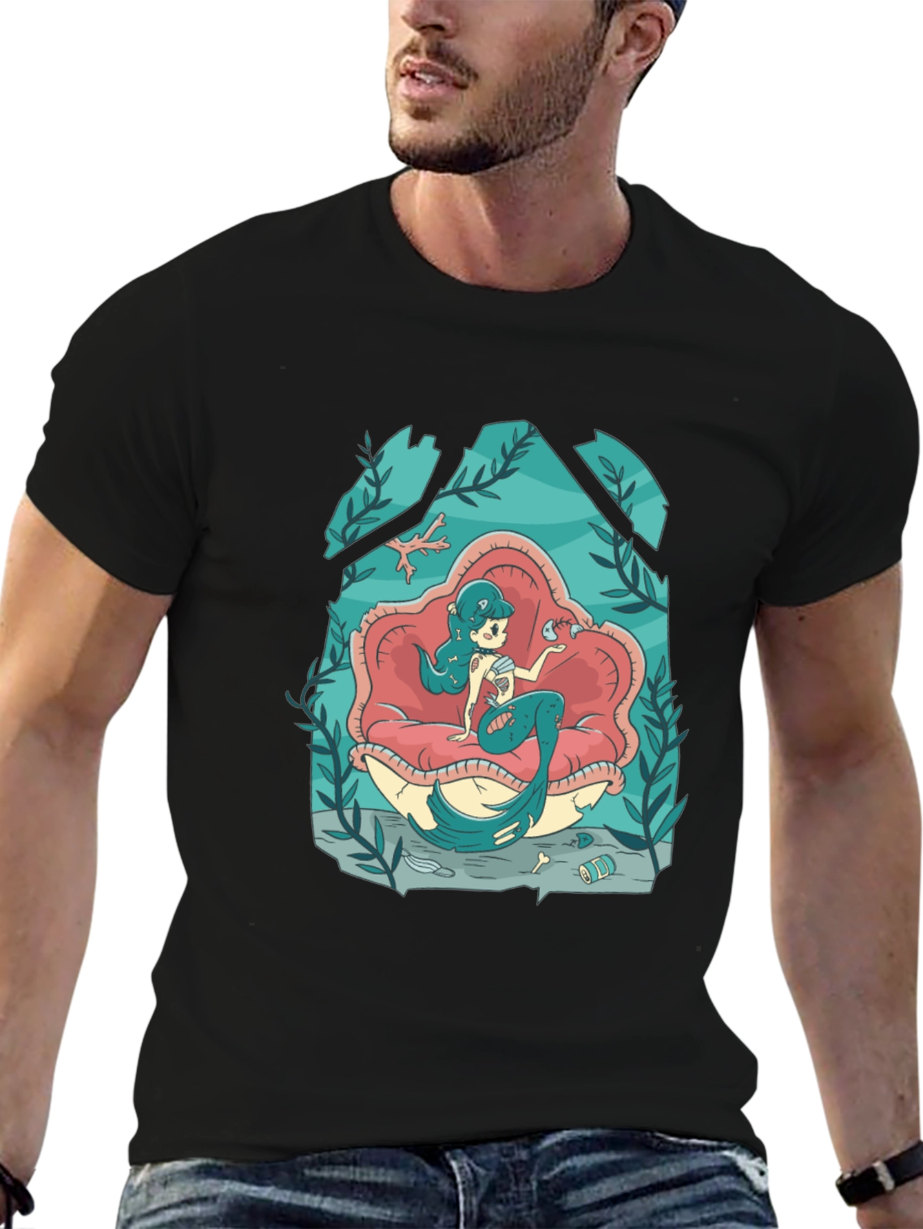 Black Mermaid in Shell T-Shirt - Unique Graphic Tee view 6