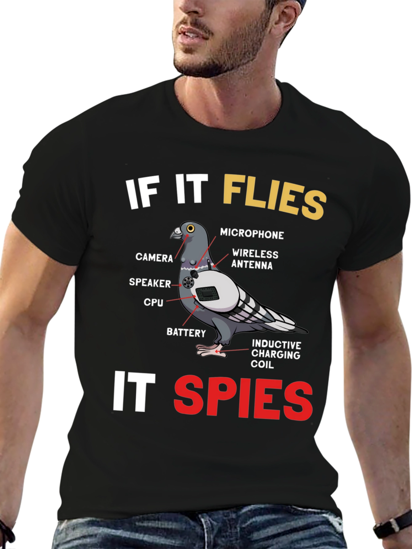 Black If It Flies It Spies Pigeon T-Shirt view 6