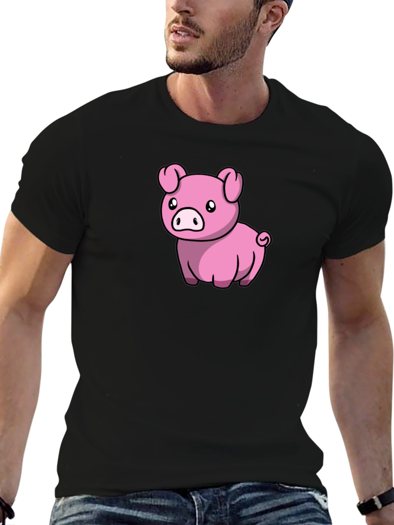 Black Cute Pig Cartoon Black T-Shirt view 6