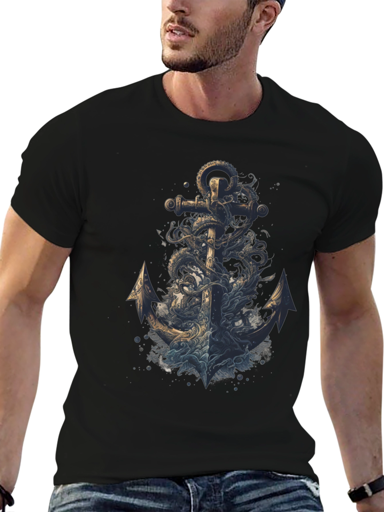 Black Anchor Octopus Graphic Tee - Men's Black T-Shirt view 6