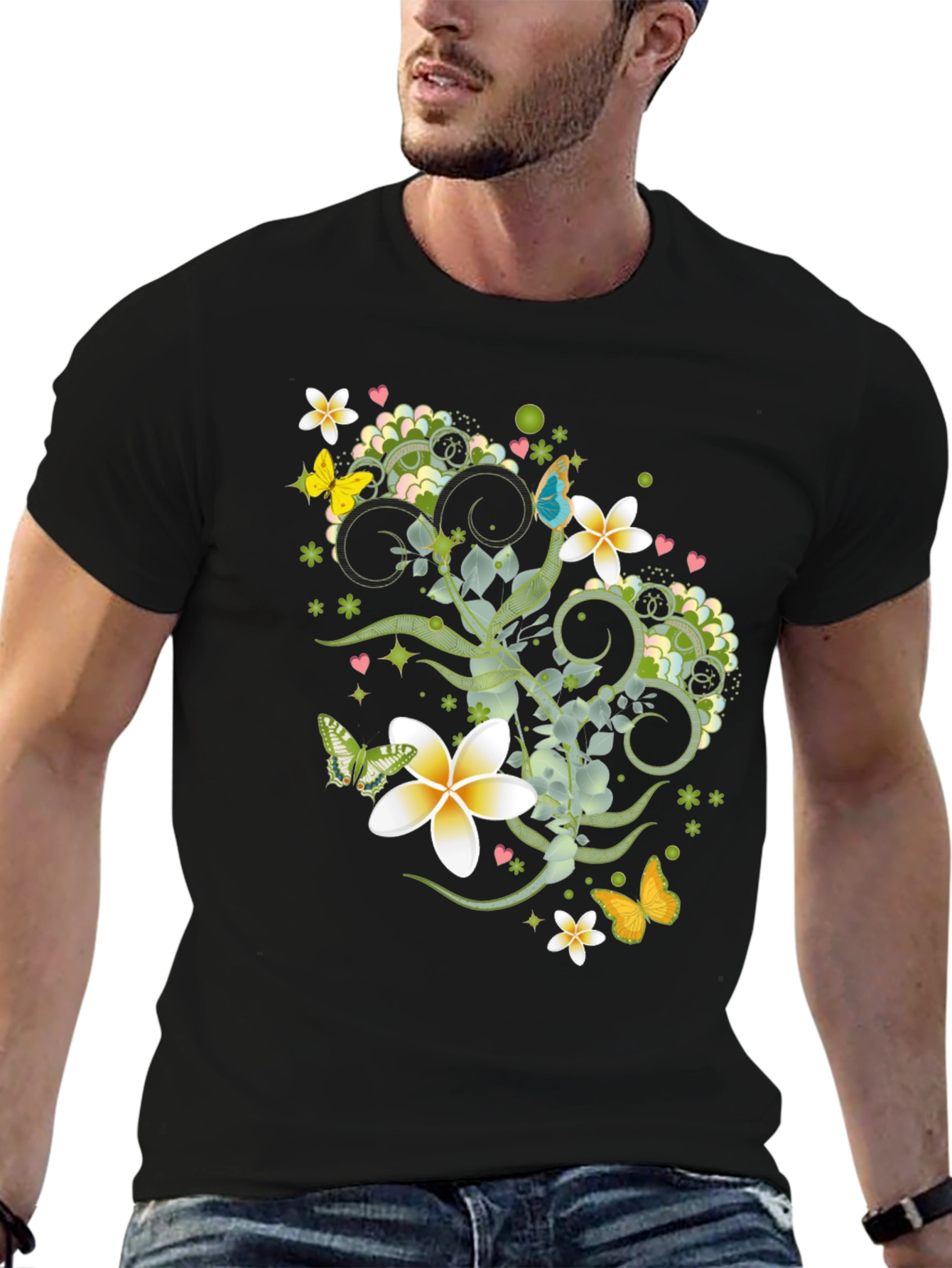 Black Floral Butterfly Graphic Black T-Shirt view 6