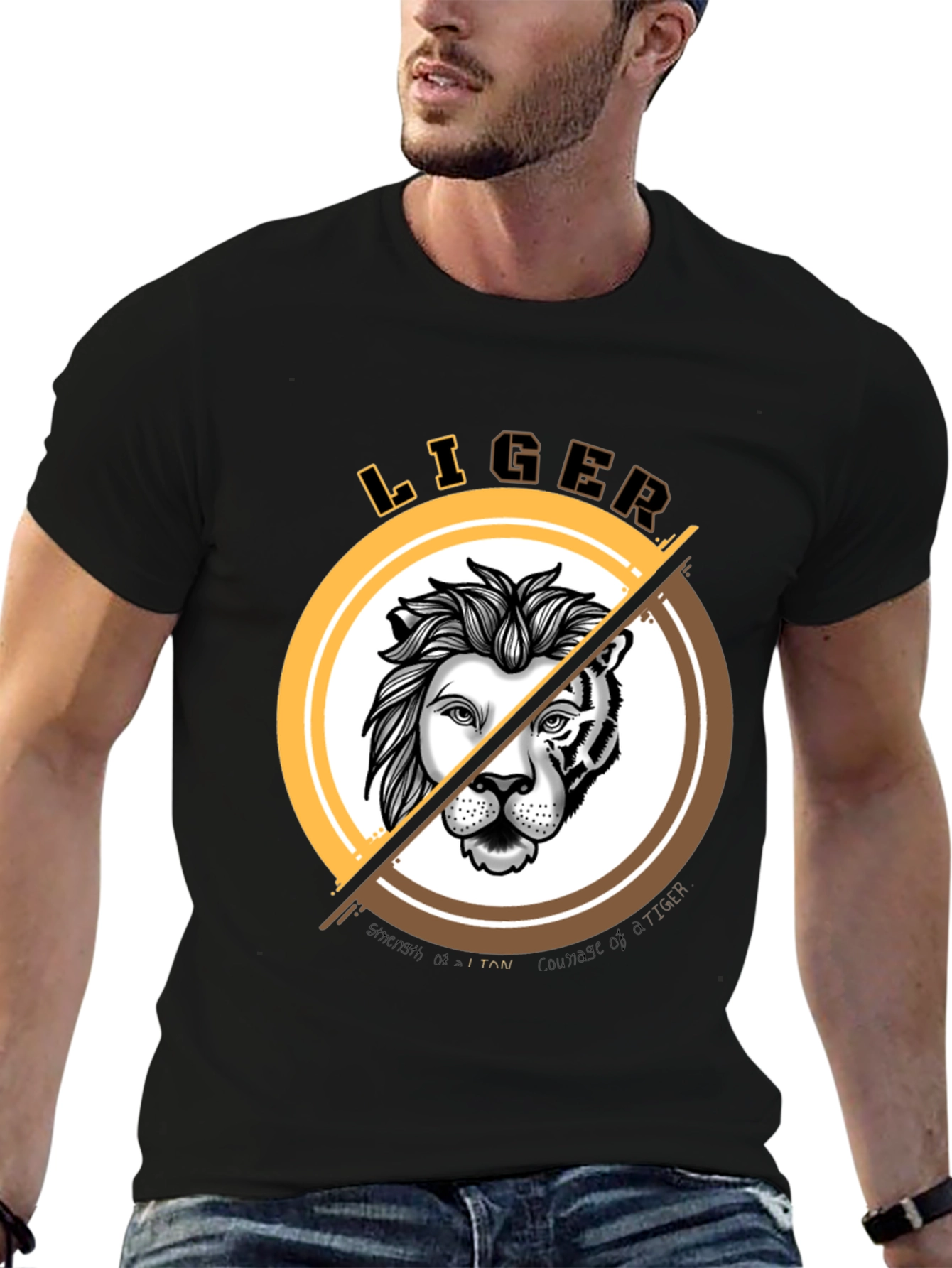 Black LIGER Graphic Print T-Shirt - Lion & Tiger Hybrid Design view 6