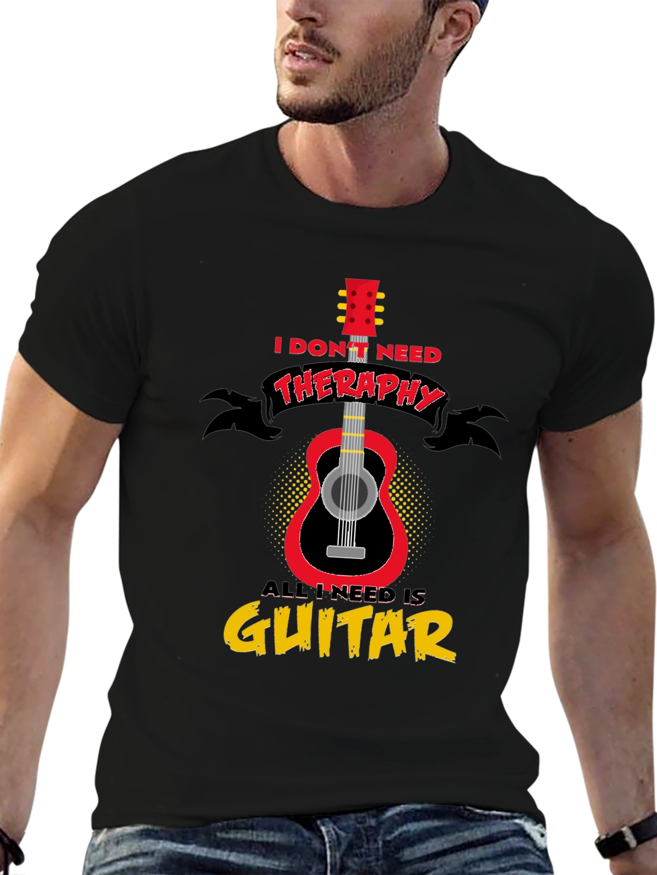 Black Guitar Therapy T-Shirt - Musician Gift view 6