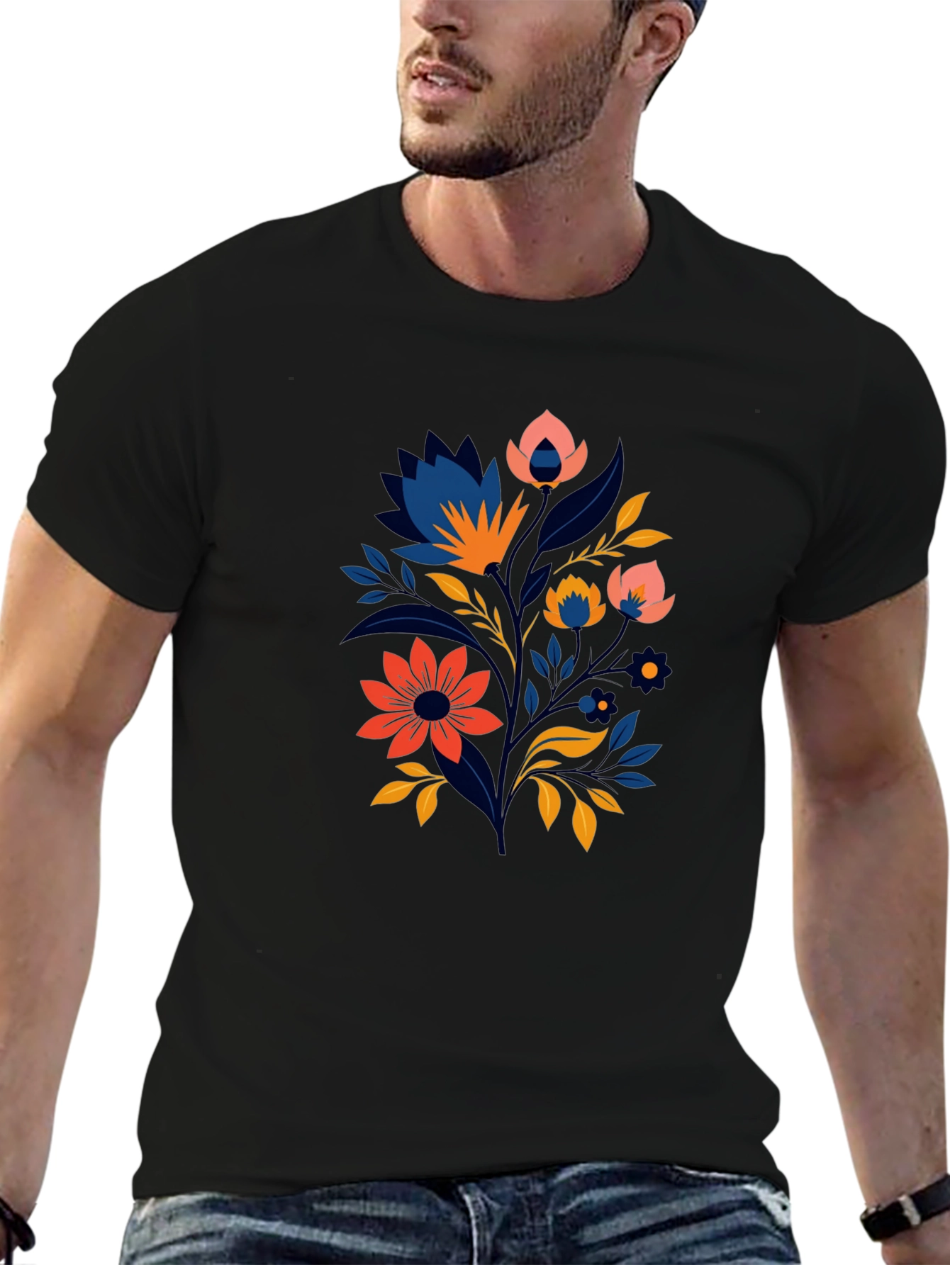 Black Floral Graphic Tee - Stylish Men's Black T-Shirt view 6