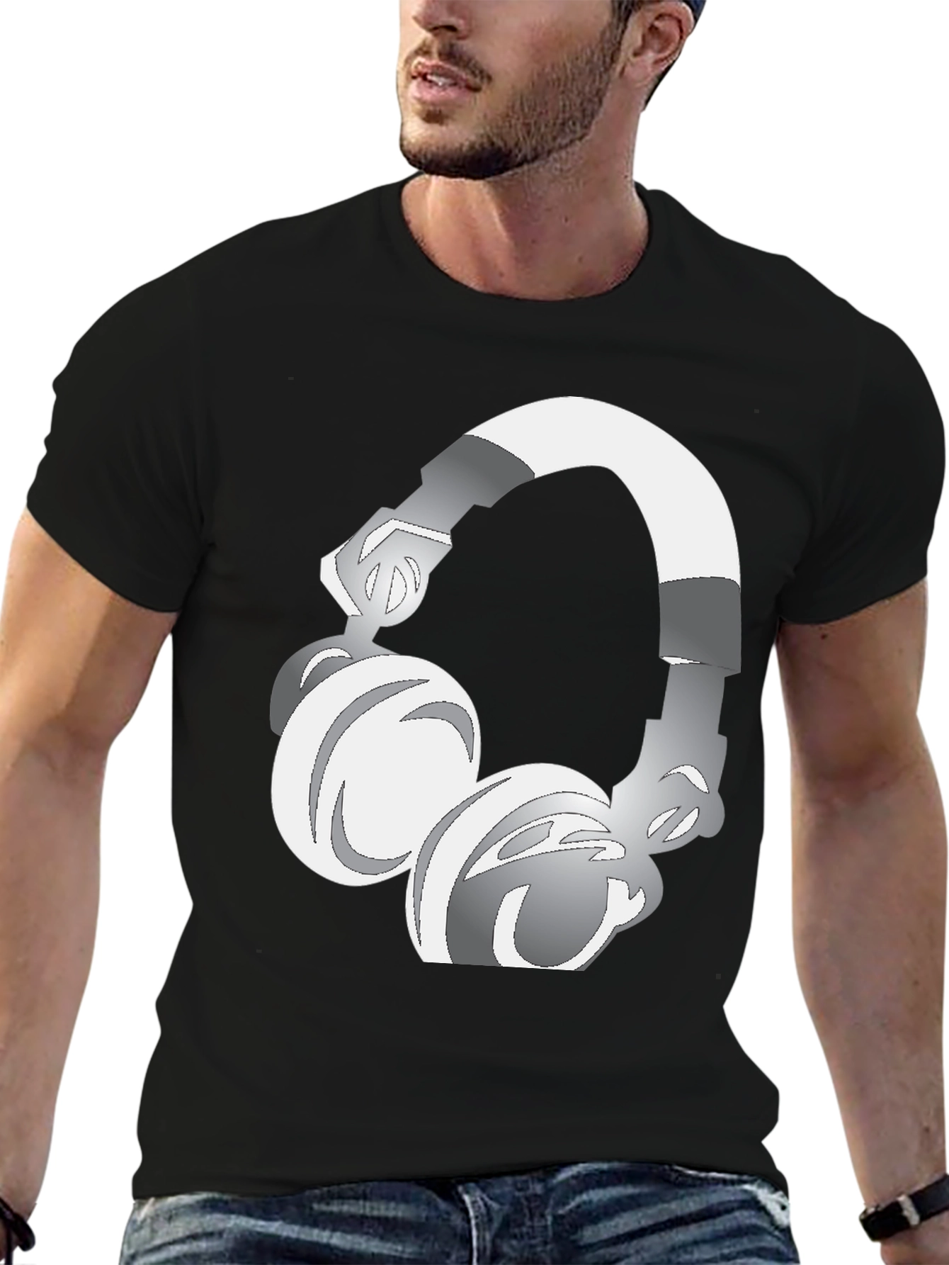 Black Cool Graphic Tee: Silver Headphones Design view 6